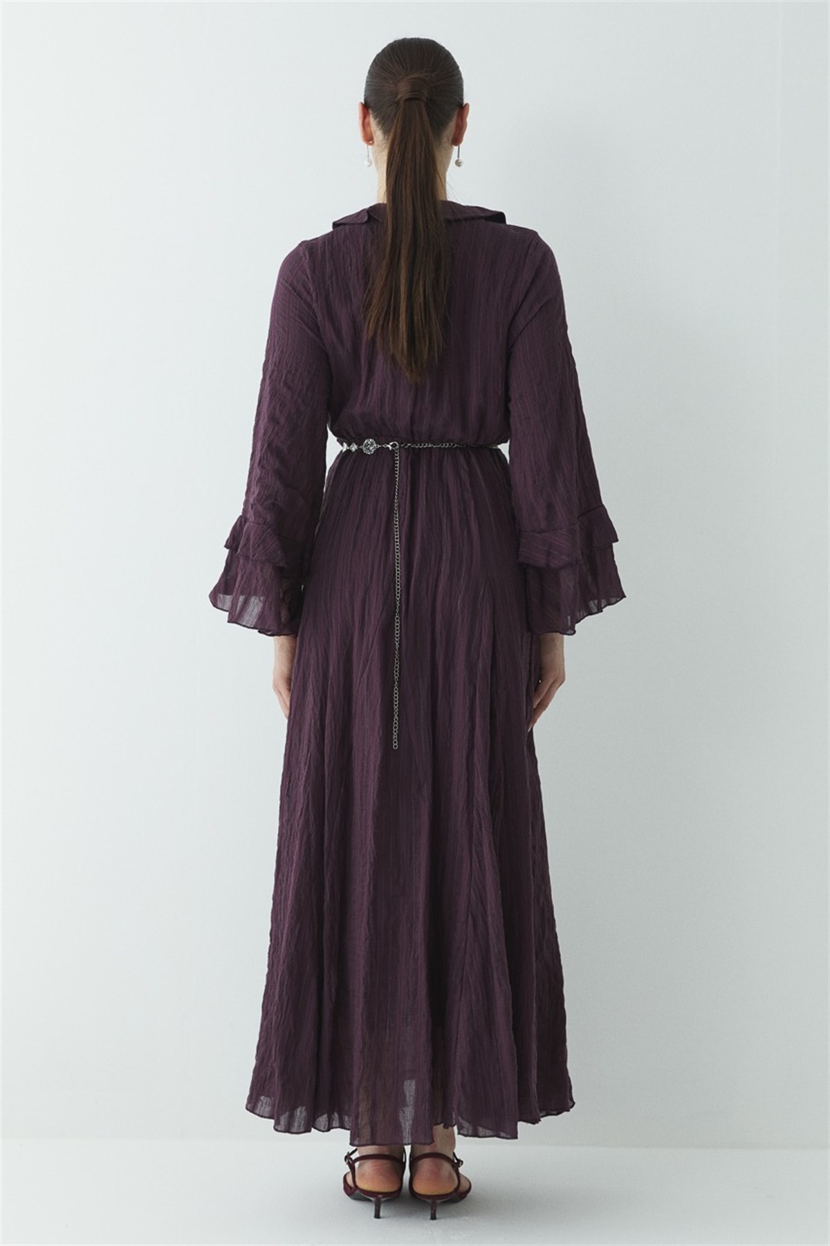 Fiyonk Detay Çizgili Astarlı Elbise - Mürdüm