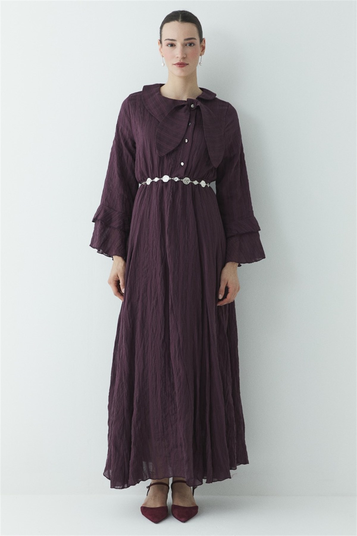 Fiyonk Detay Çizgili Astarlı Elbise - Mürdüm