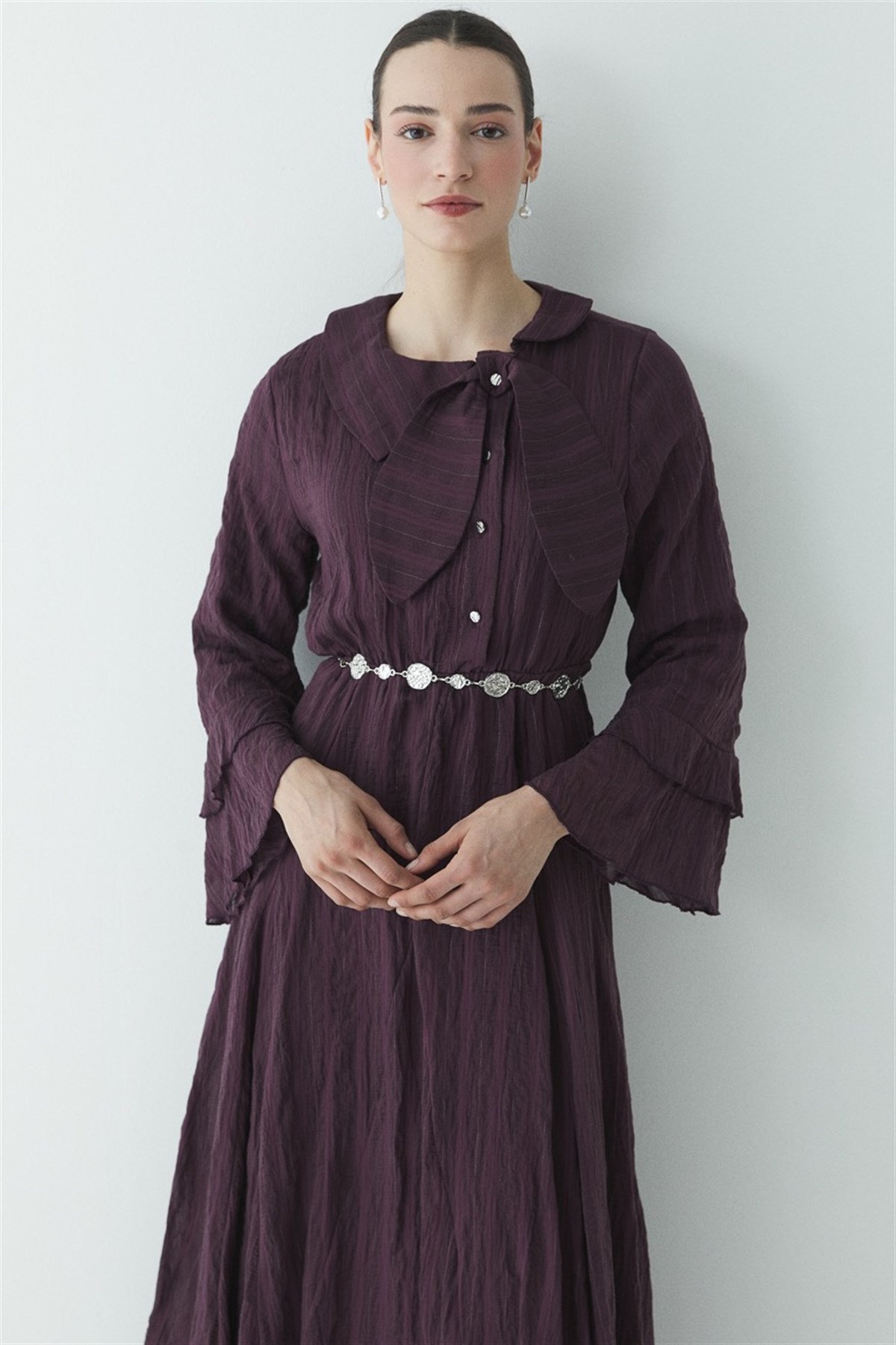 Fiyonk Detay Çizgili Astarlı Elbise - Mürdüm