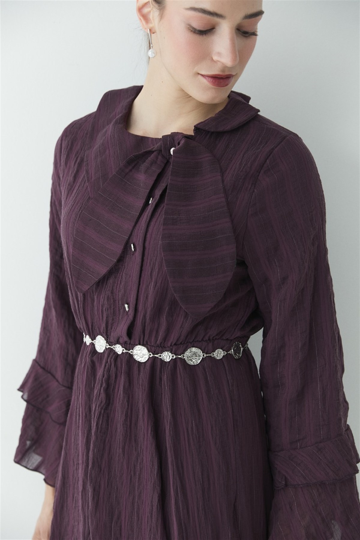 Fiyonk Detay Çizgili Astarlı Elbise - Mürdüm