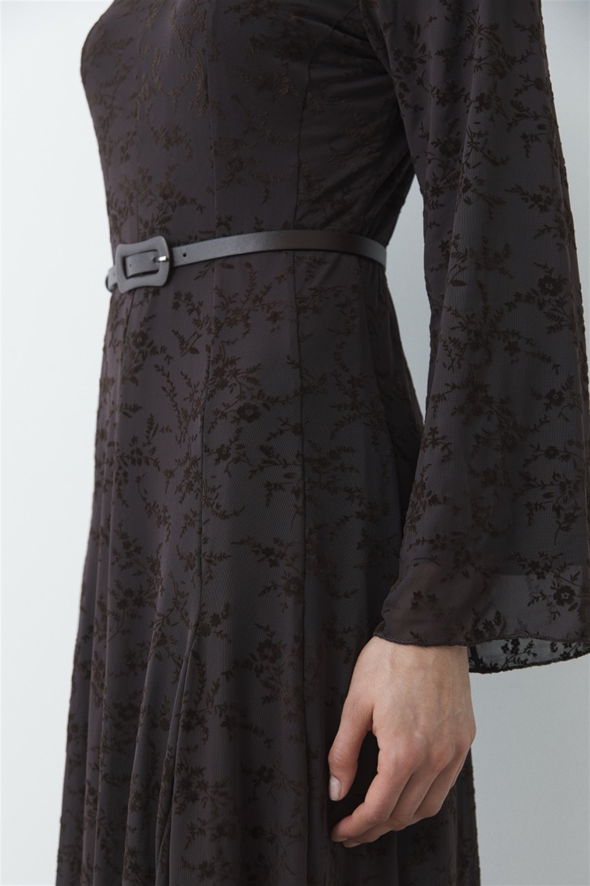 Flok Baskı Desenli Tül Elbise - Kahve