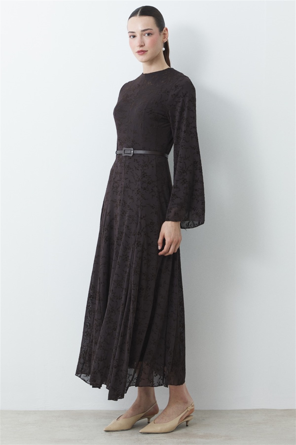 Flok Baskı Desenli Tül Elbise - Kahve