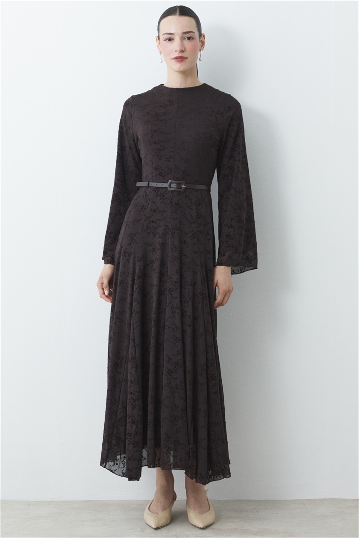 Flok Baskı Desenli Tül Elbise - Kahve