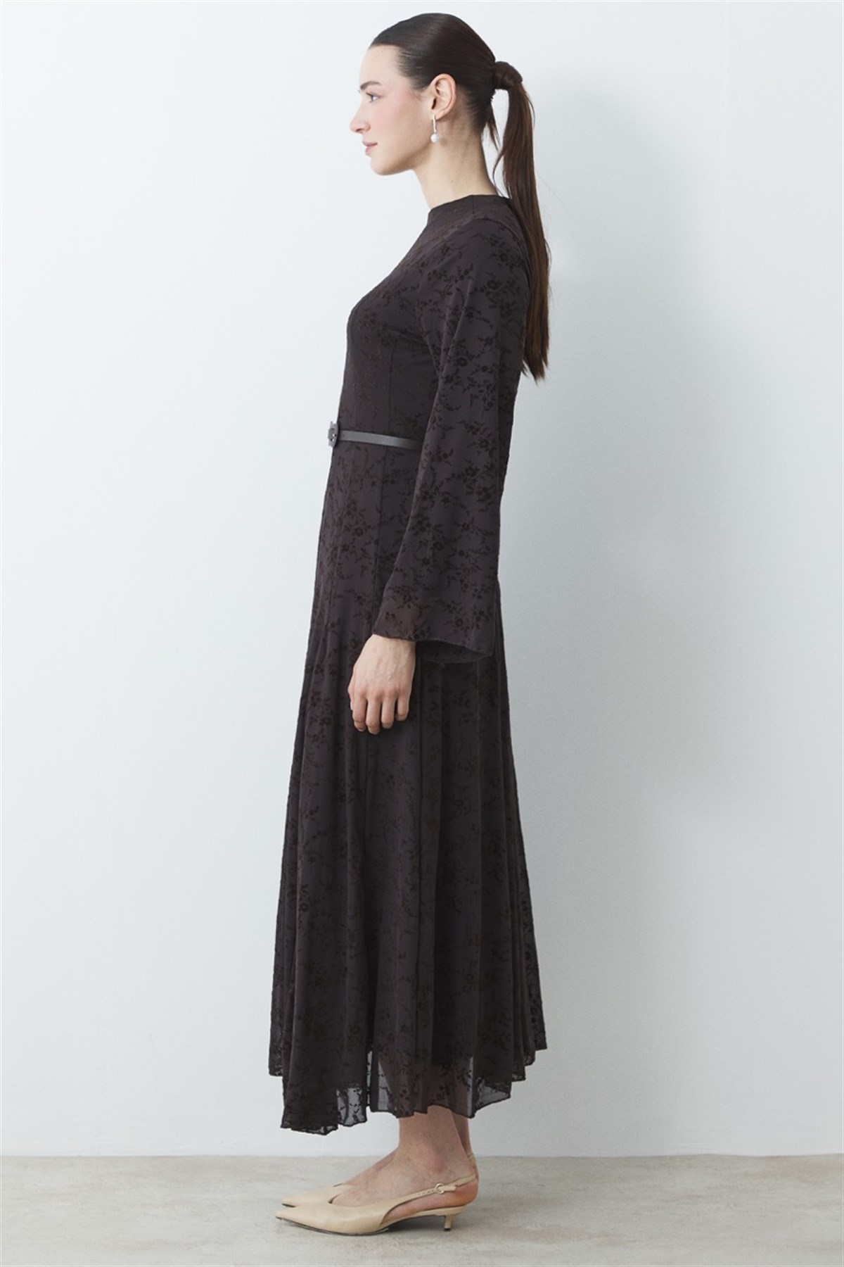 Flok Baskı Desenli Tül Elbise - Kahve