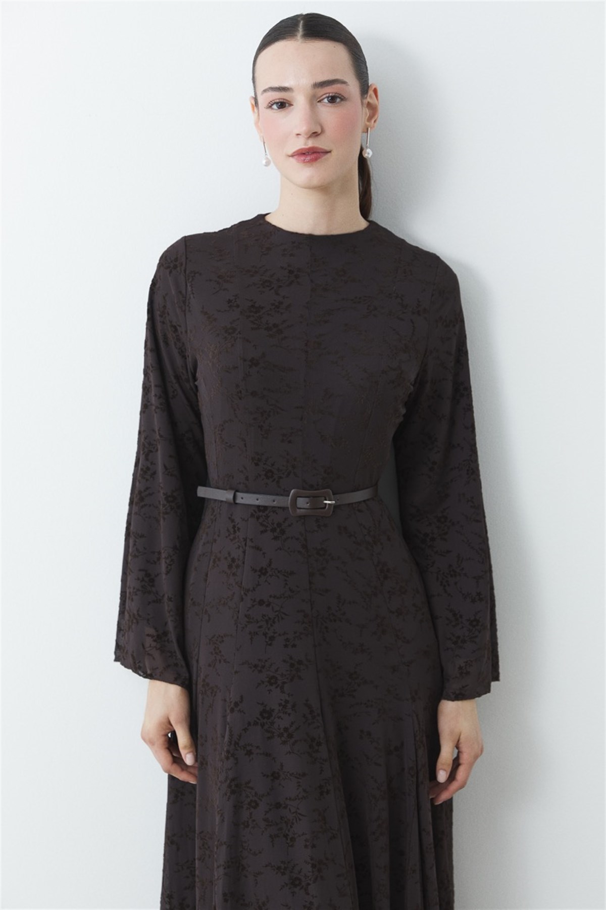 Flok Baskı Desenli Tül Elbise - Kahve