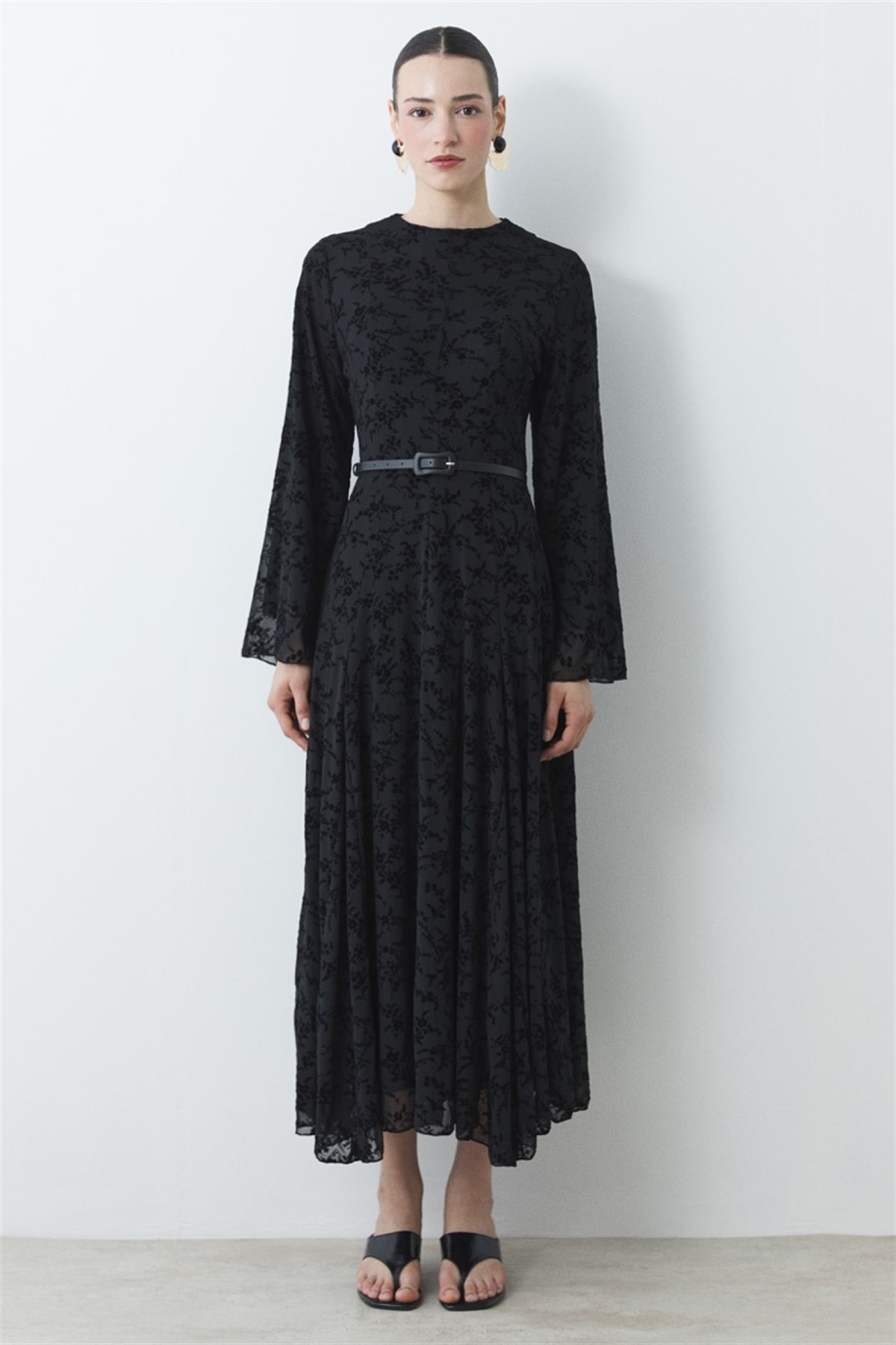 Flok Baskı Desenli Tül Elbise - Siyah