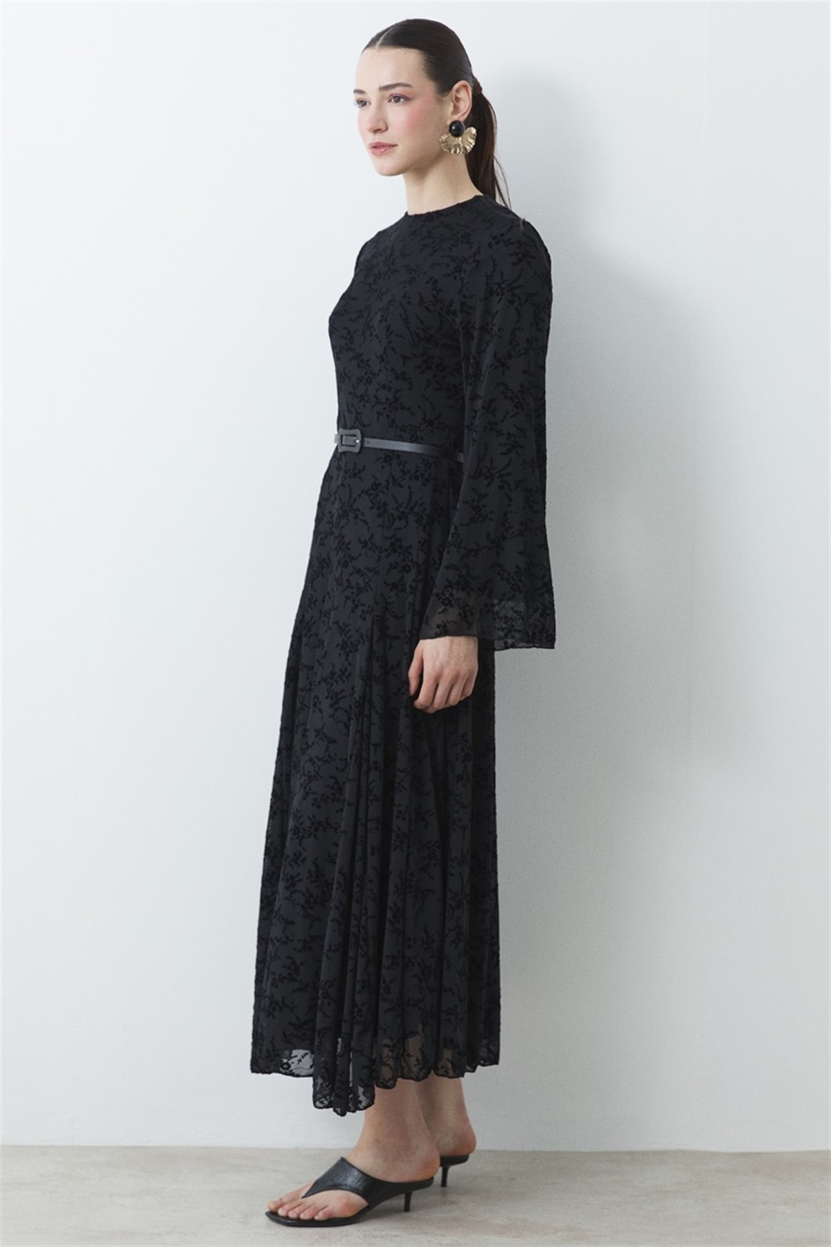 Flok Baskı Desenli Tül Elbise - Siyah