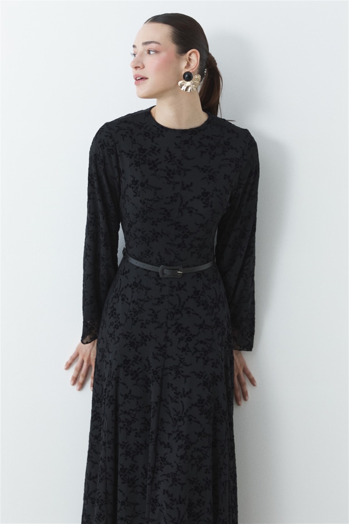 Flok Baskı Desenli Tül Elbise - Siyah