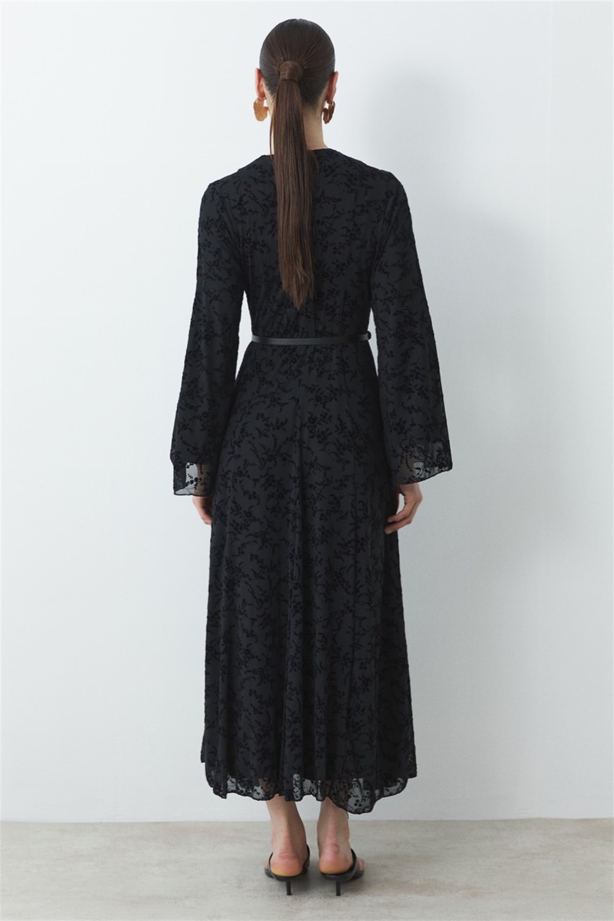 Flok Baskı Desenli Tül Elbise - Siyah