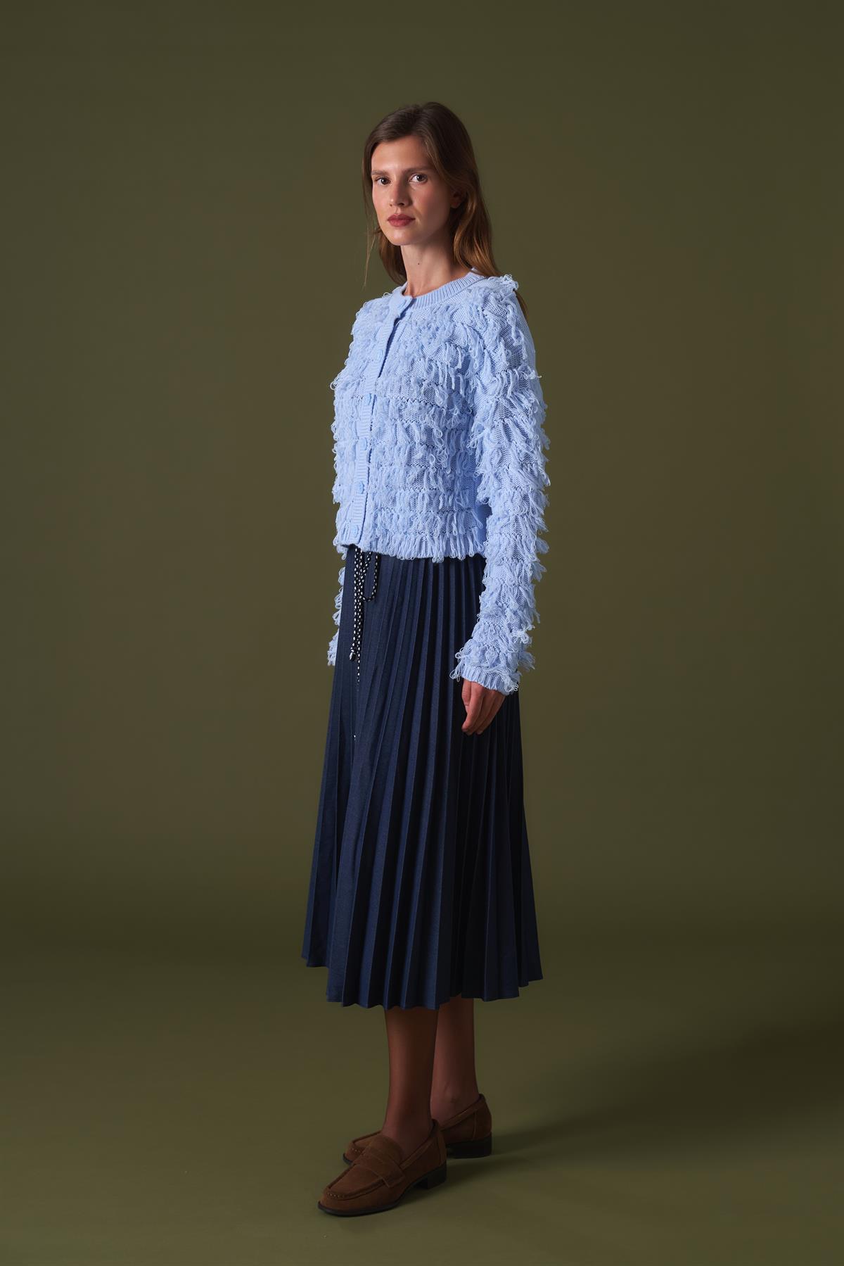 Fringe Detay Triko Hırka - bebe mavisi