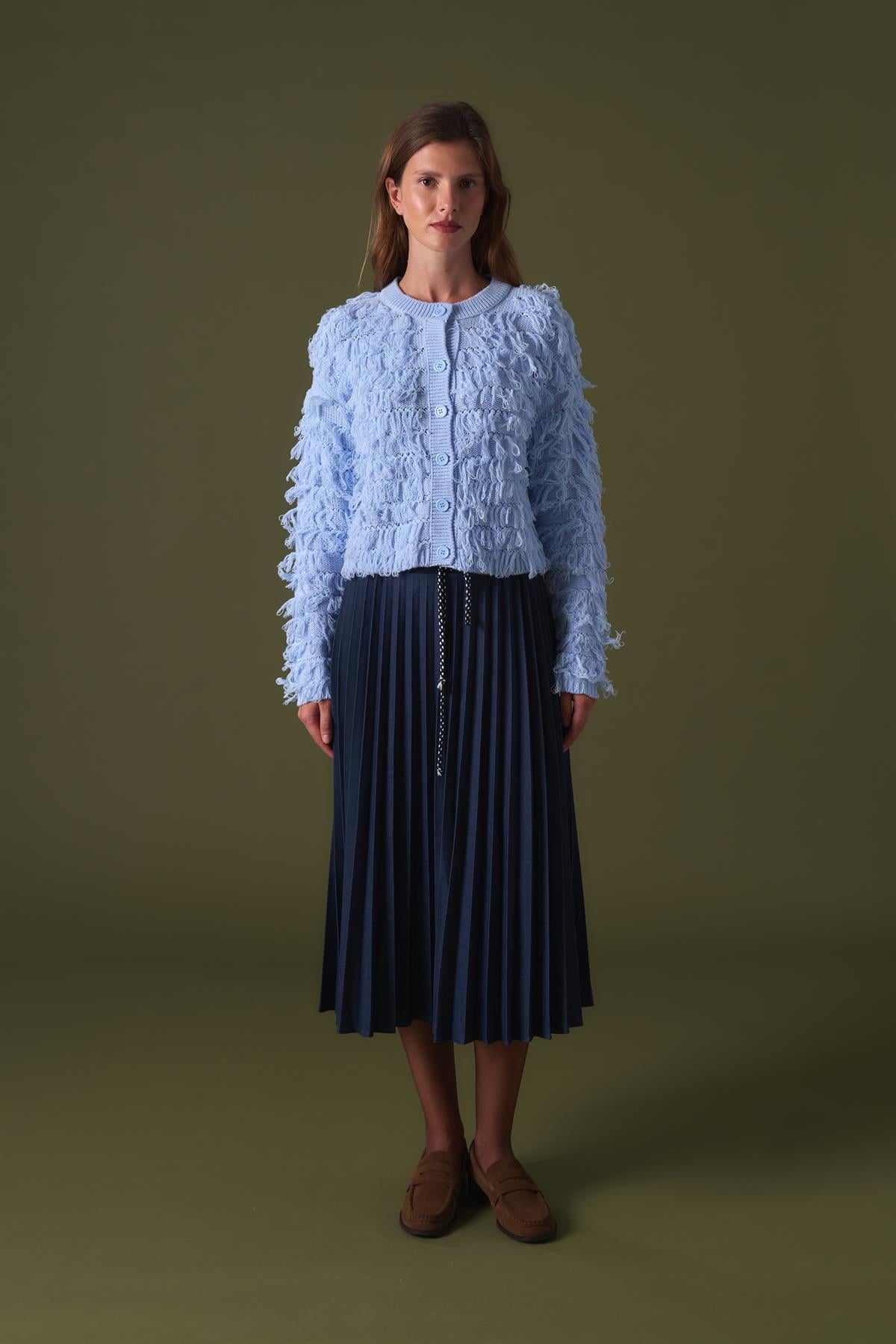 Fringe Detay Triko Hırka - bebe mavisi