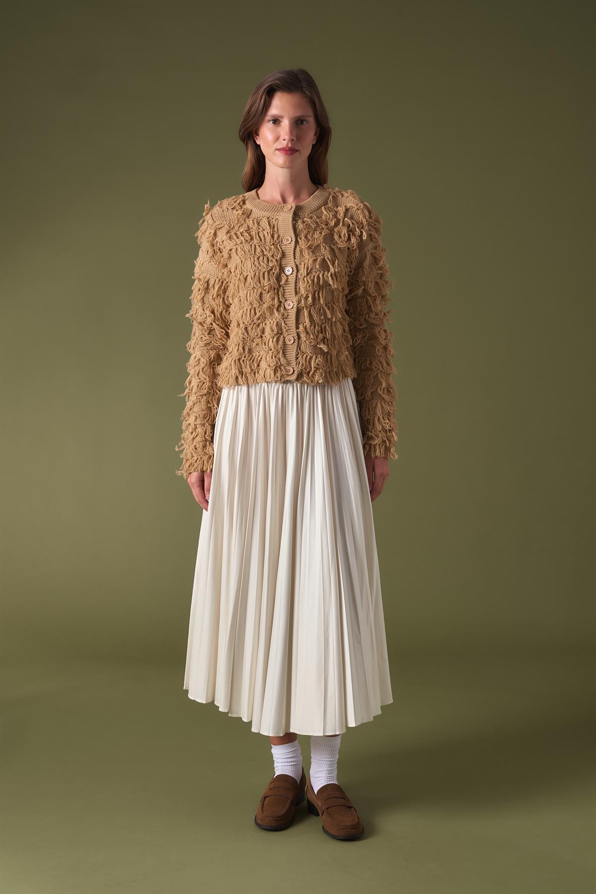 Fringe Detay Triko Hırka - Camel