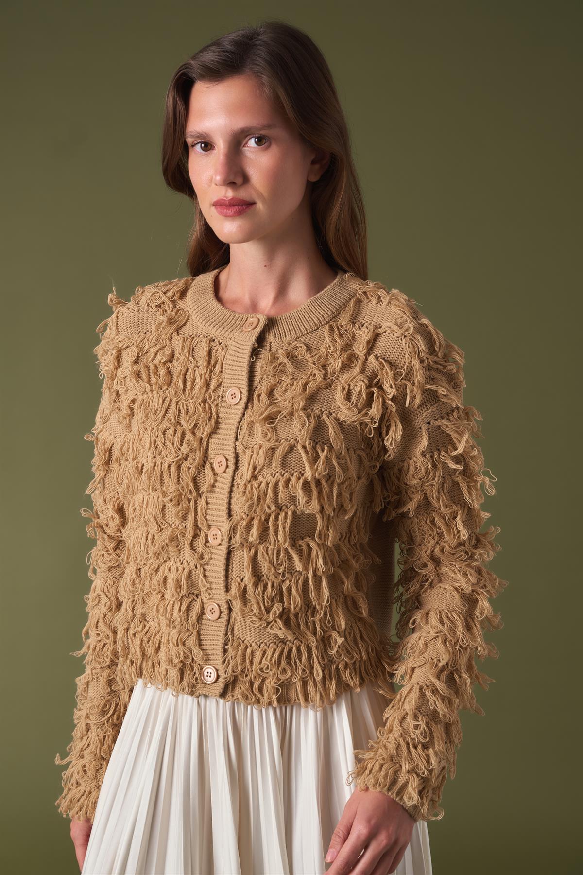 Fringe Detay Triko Hırka - Camel