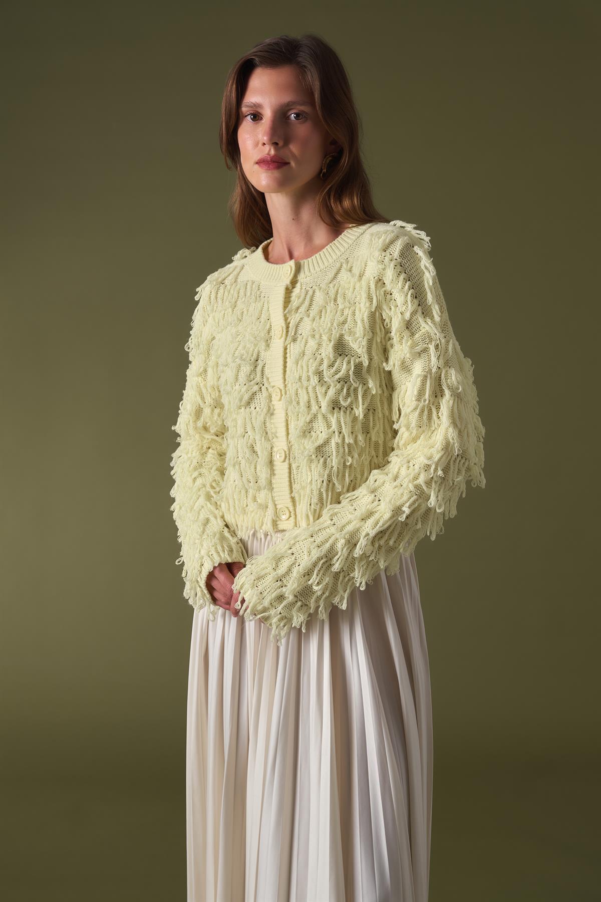 Fringe Detay Triko Hırka - Sarı