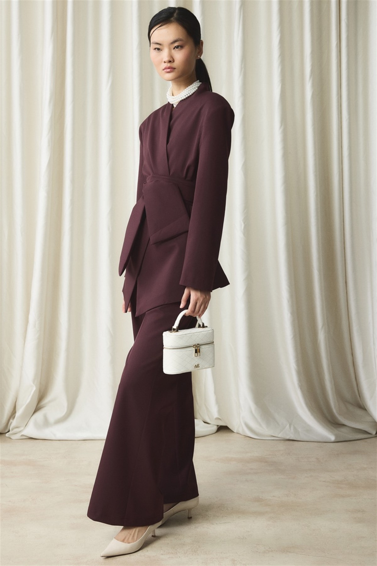 Fular Yaka Blazer Ceket Takım - Bordo