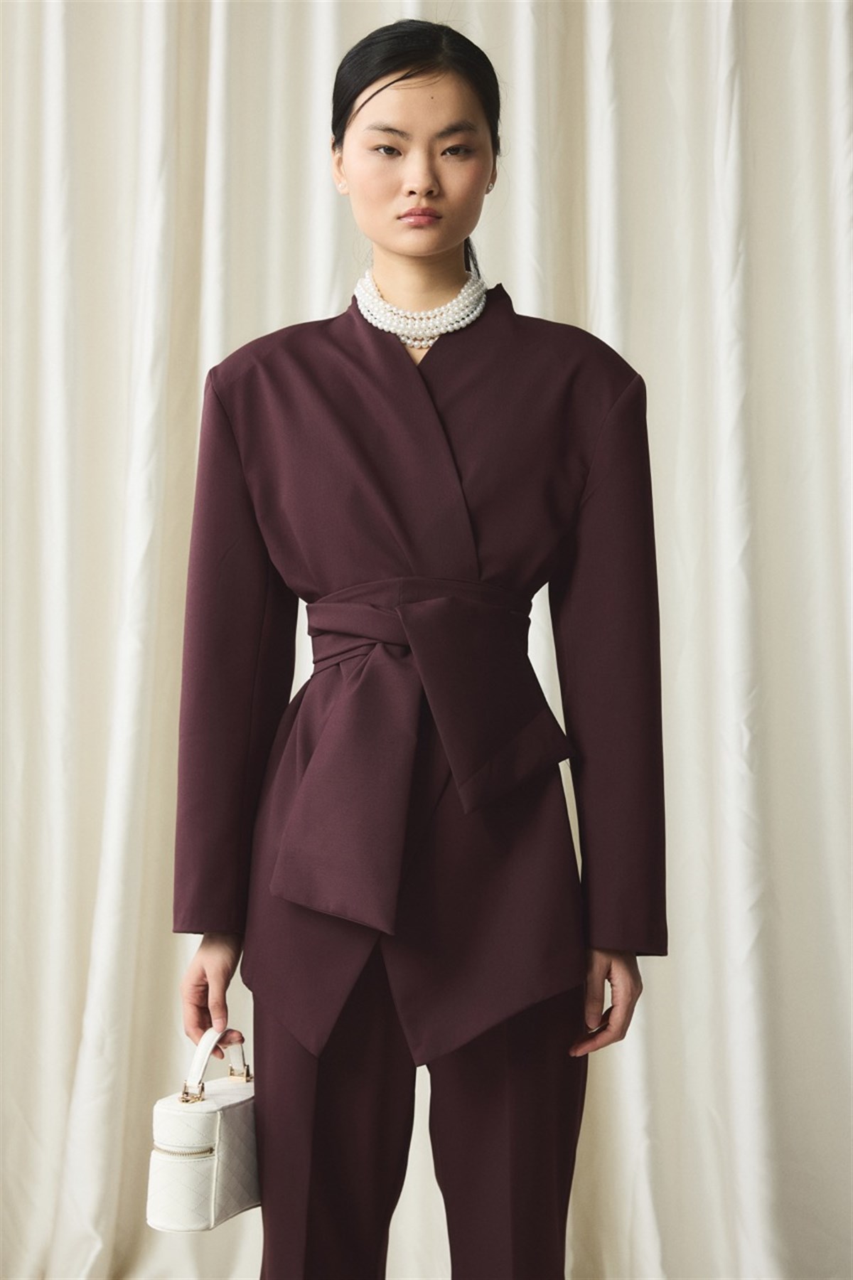 Fular Yaka Blazer Ceket Takım - Bordo