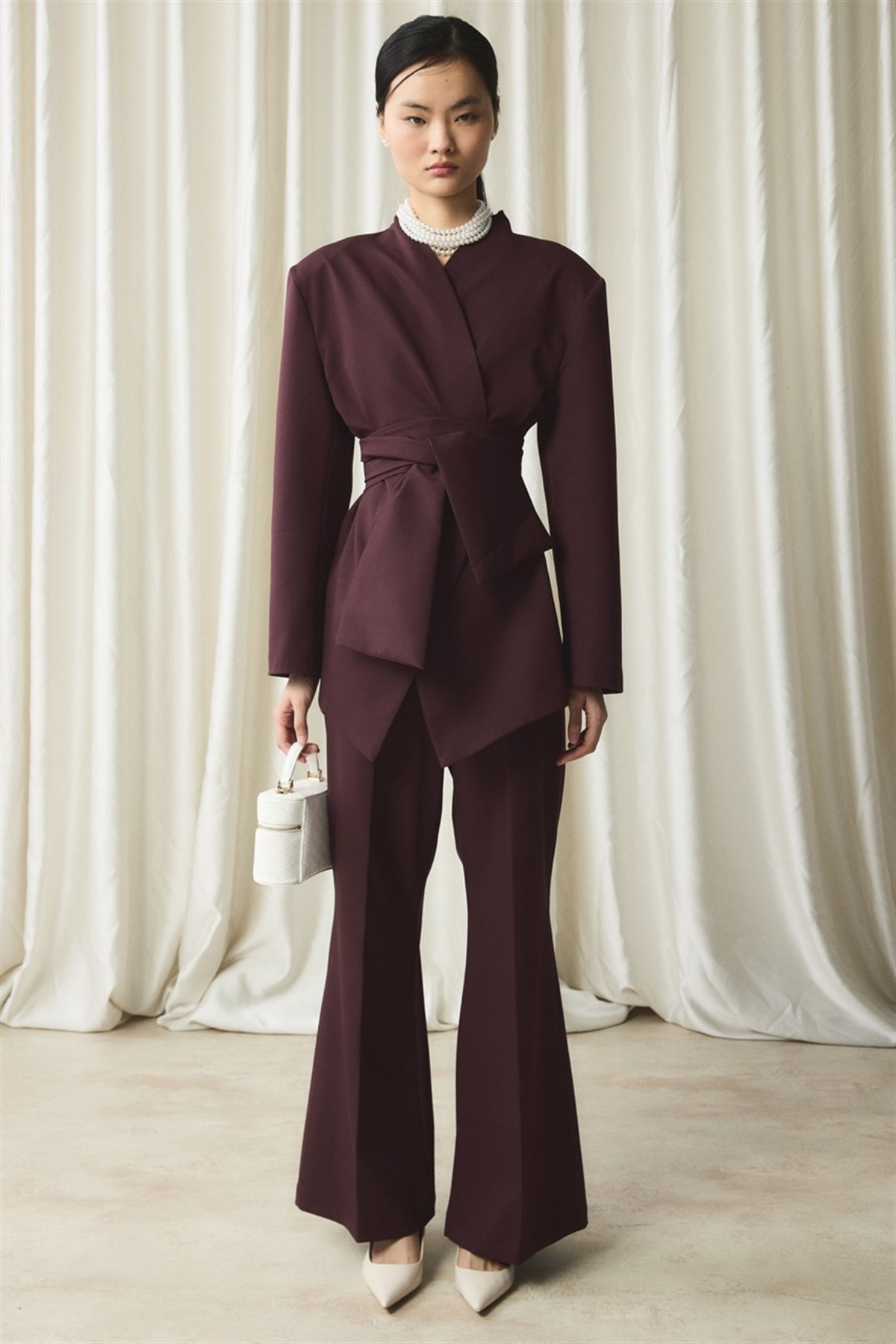 Fular Yaka Blazer Ceket Takım - Bordo