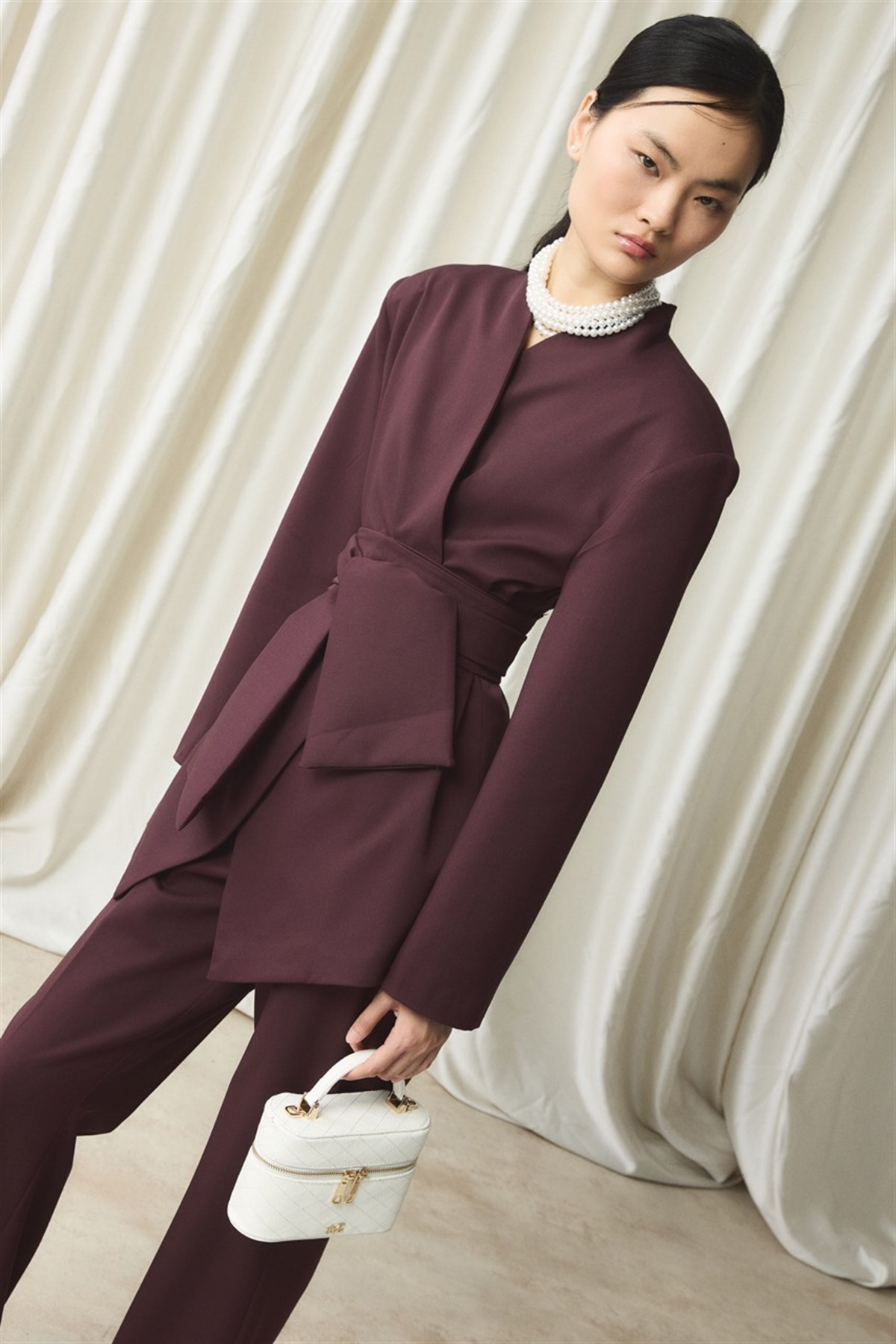 Fular Yaka Blazer Ceket Takım - Bordo