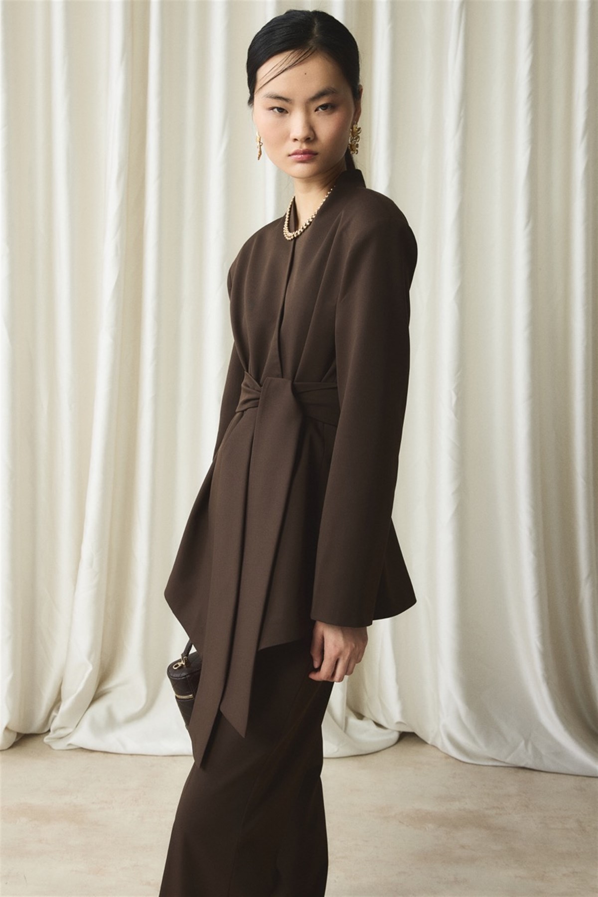 Fular Yaka Blazer Ceket Takım - Kahve