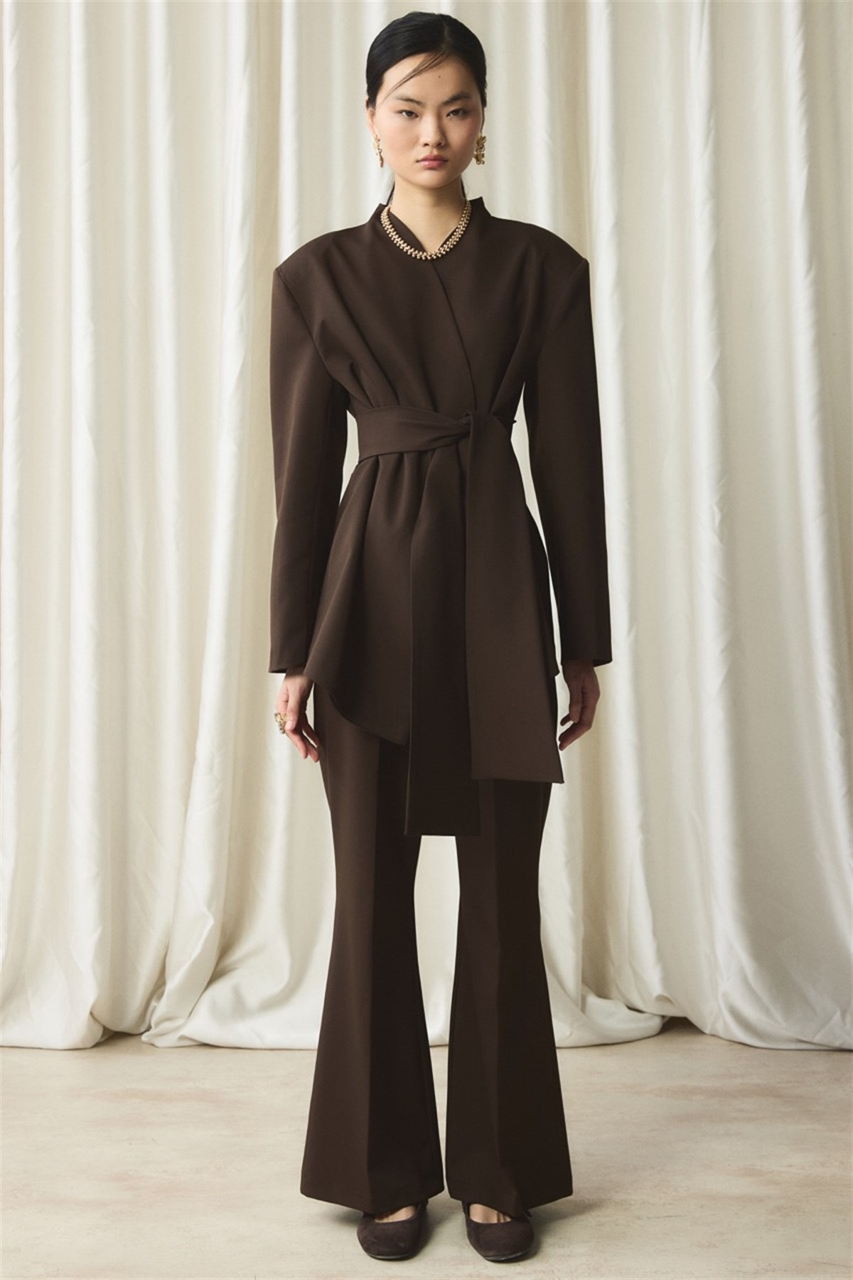 Fular Yaka Blazer Ceket Takım - Kahve