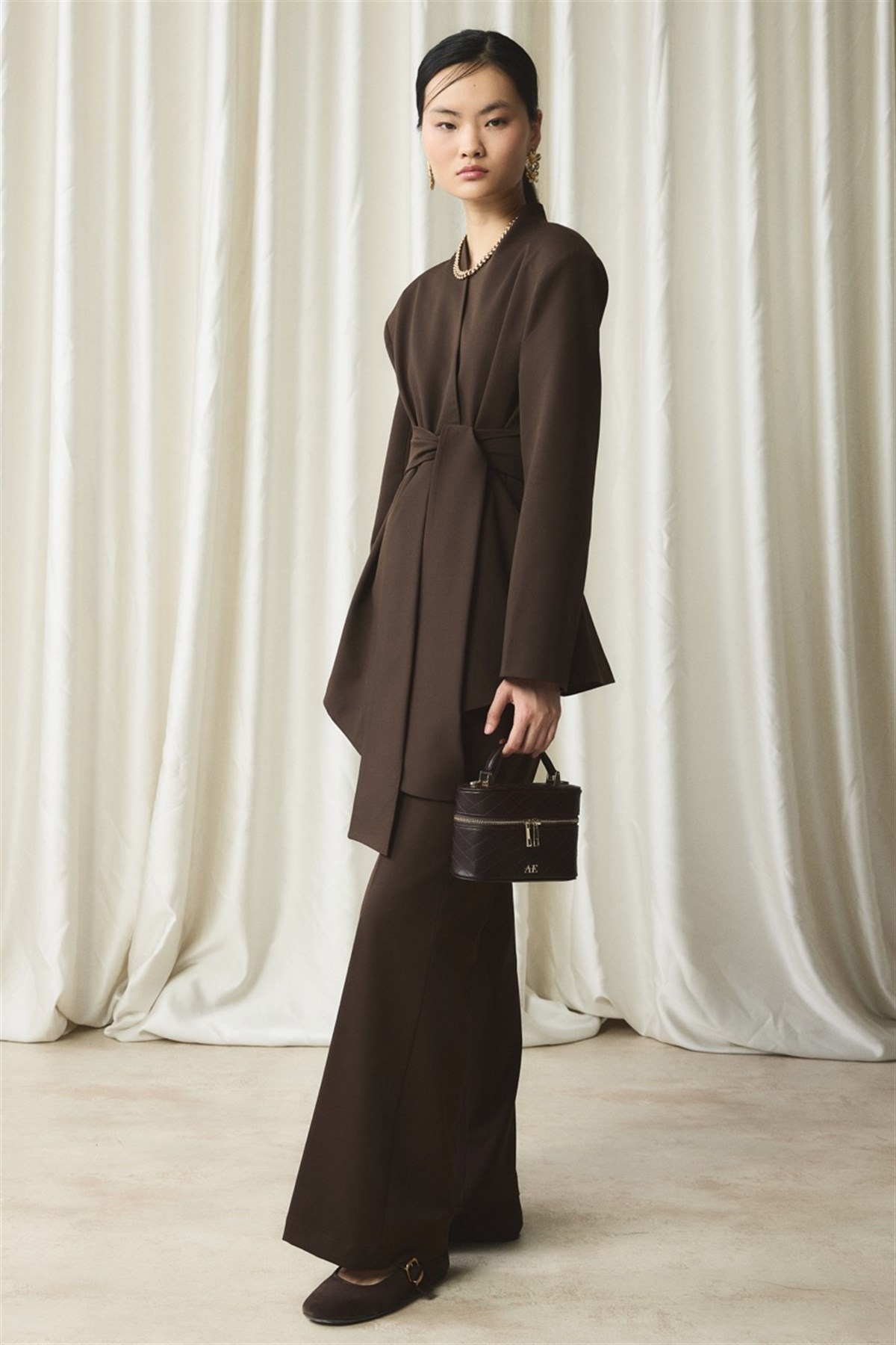 Fular Yaka Blazer Ceket Takım - Kahve