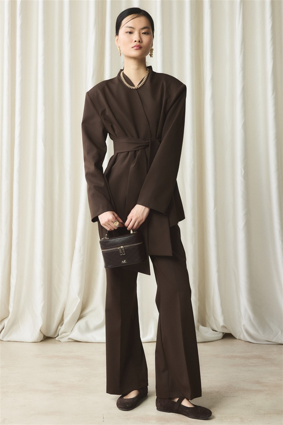 Fular Yaka Blazer Ceket Takım - Kahve