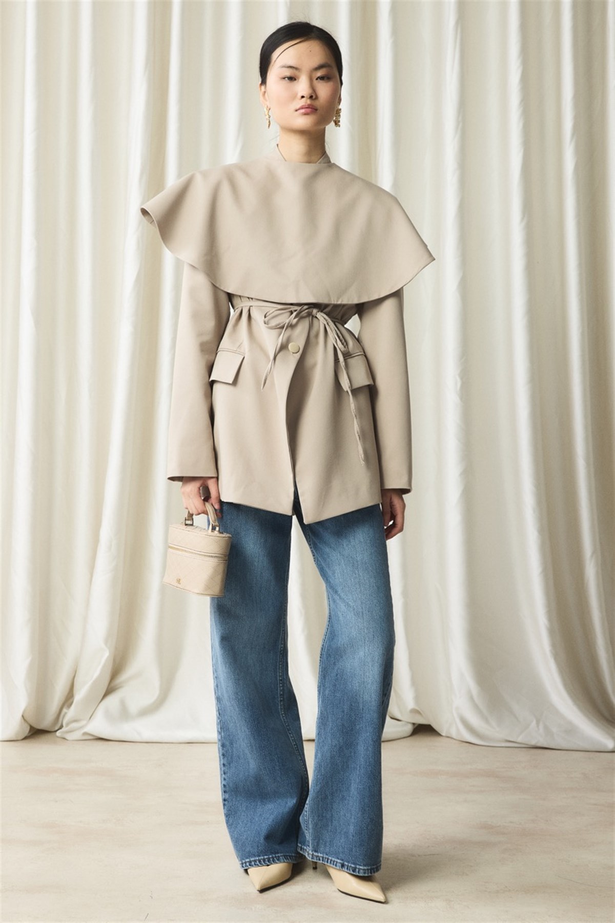 Fularlı Double Blazer Ceket - Bej