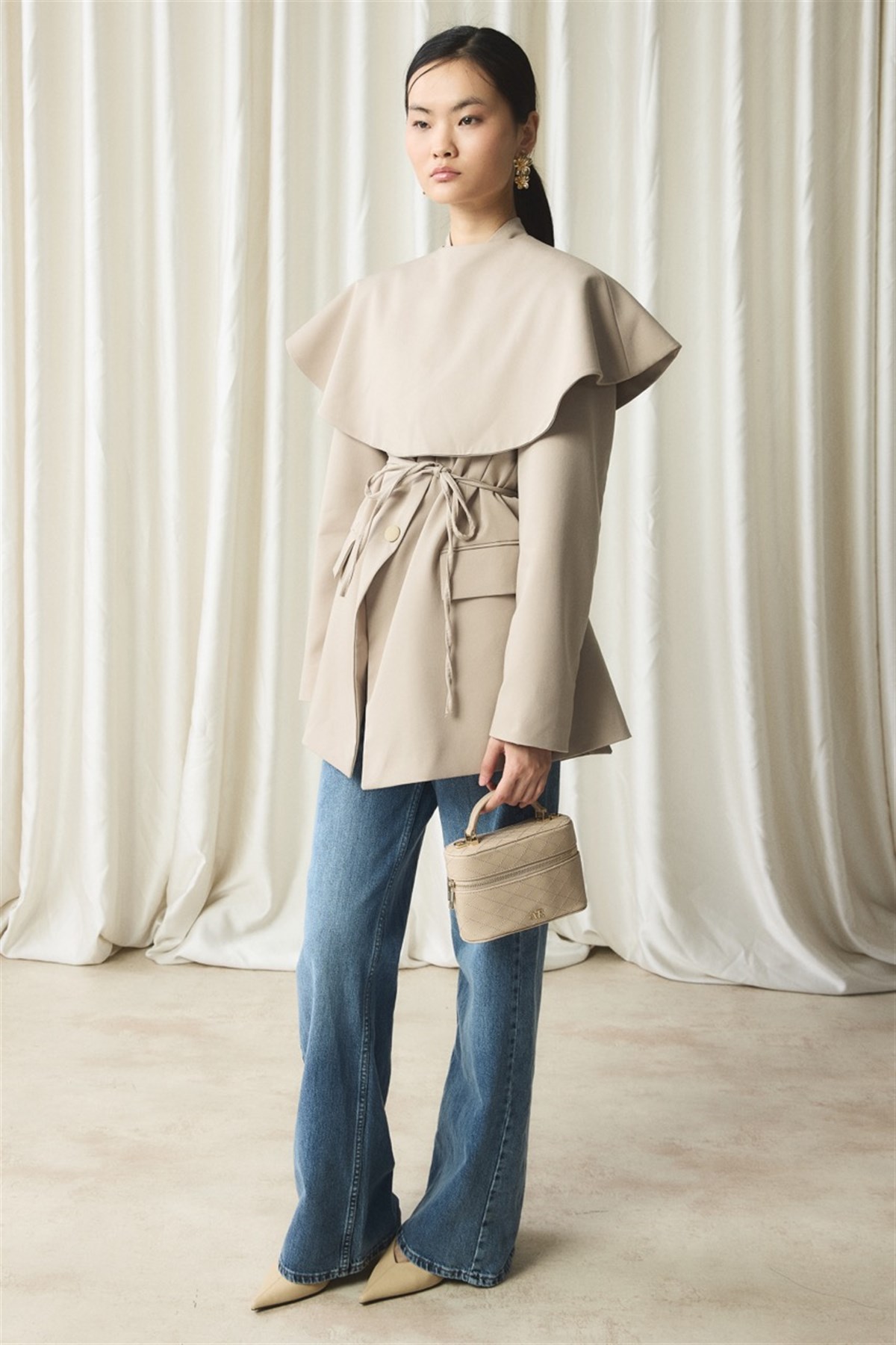 Fularlı Double Blazer Ceket - Bej