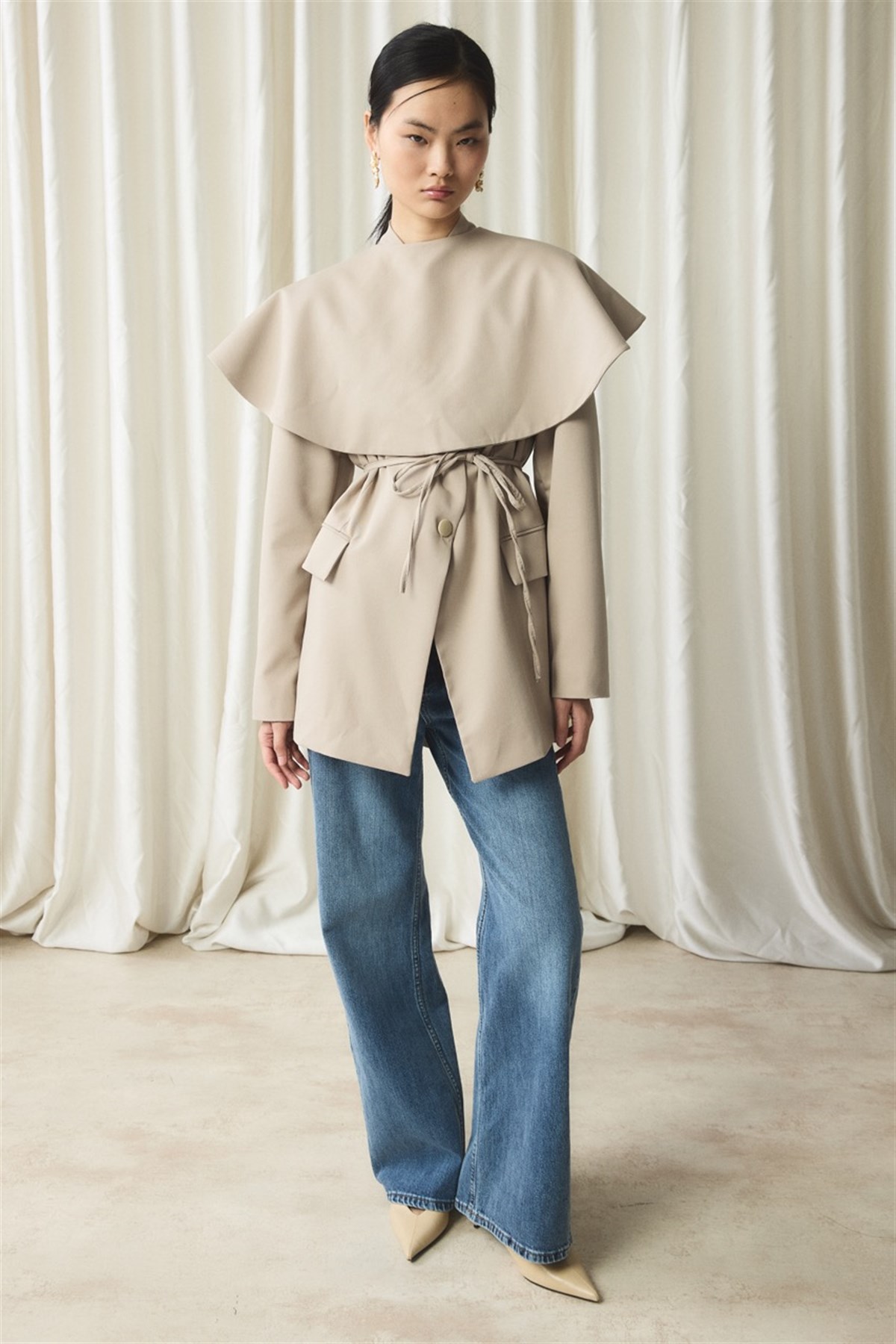 Fularlı Double Blazer Ceket - Bej