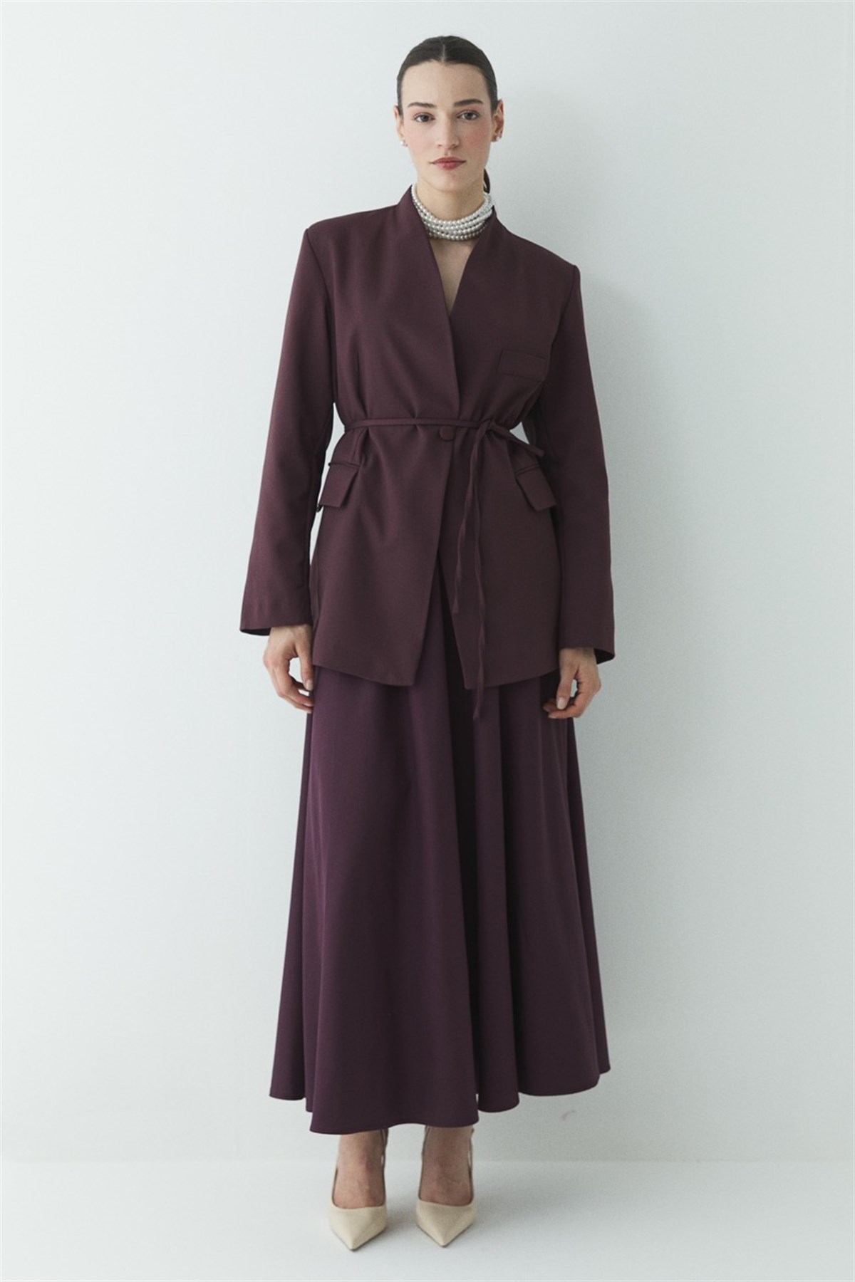 Fularlı Double Blazer Ceket - Bordo