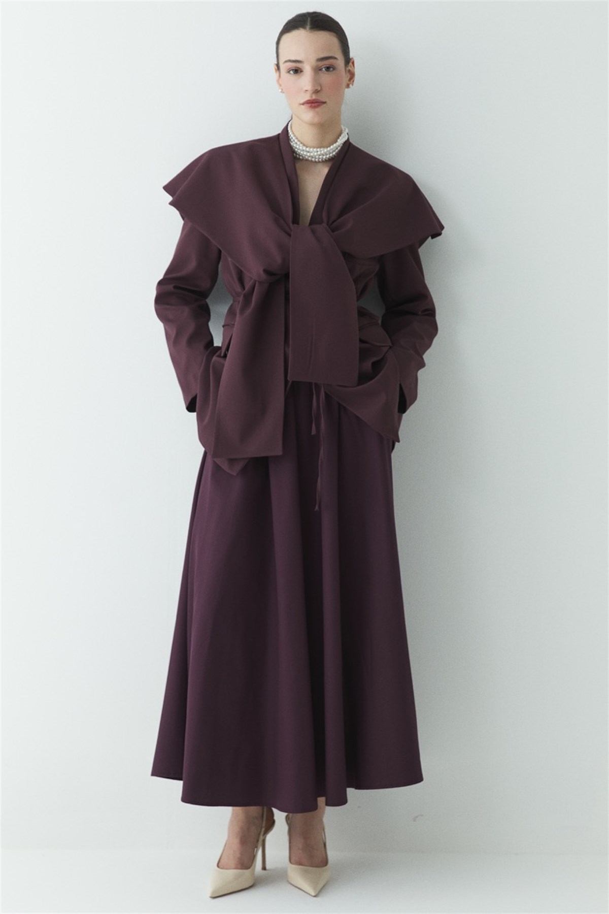 Fularlı Double Blazer Ceket - Bordo