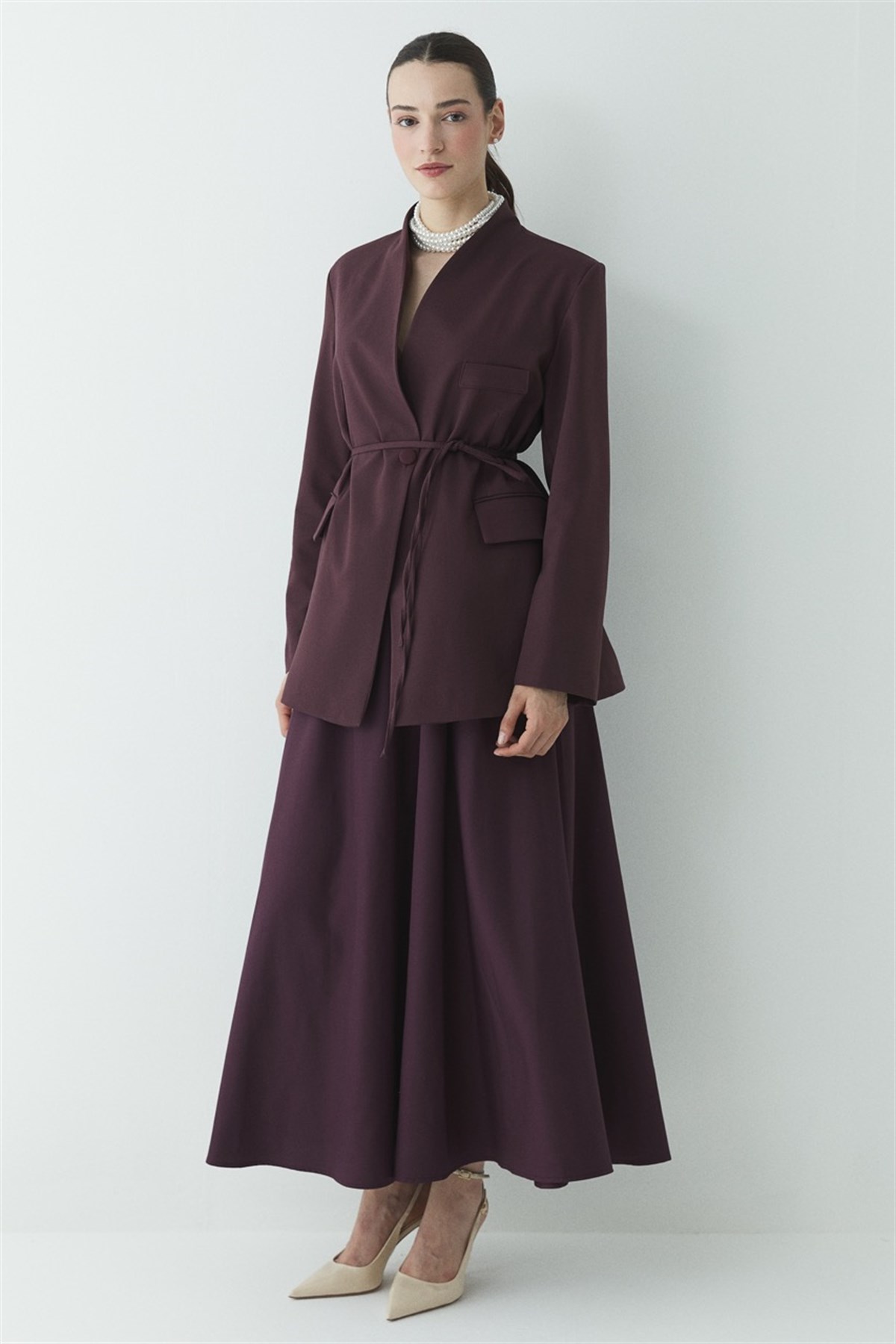 Fularlı Double Blazer Ceket - Bordo