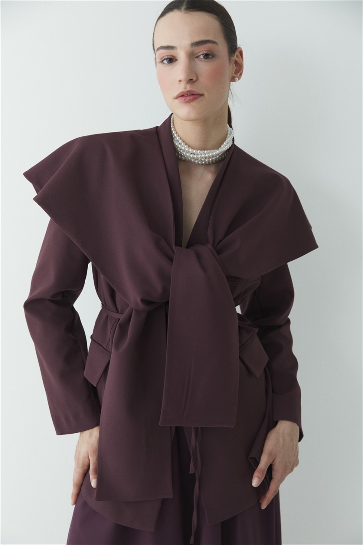 Fularlı Double Blazer Ceket - Bordo