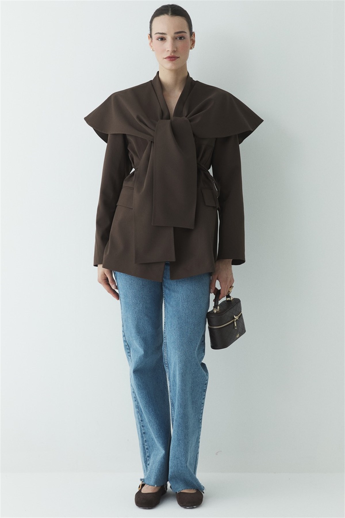 Fularlı Double Blazer Ceket - Kahve