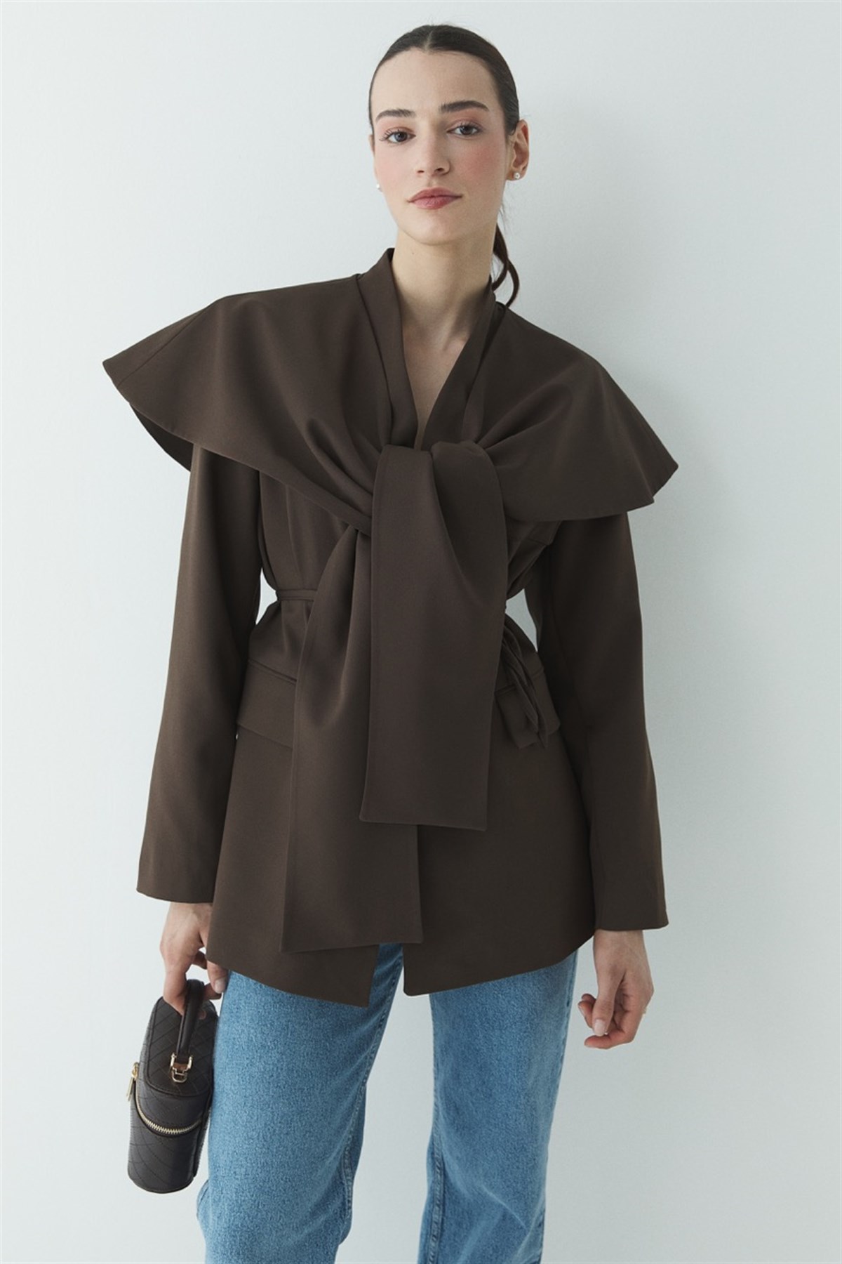 Fularlı Double Blazer Ceket - Kahve