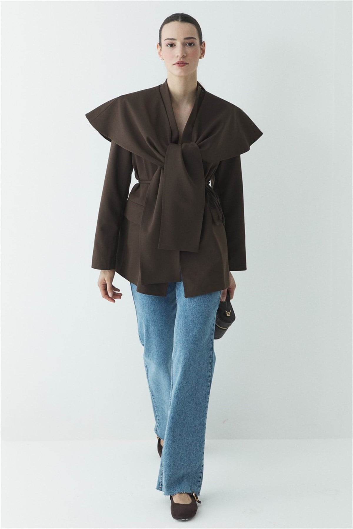 Fularlı Double Blazer Ceket - Kahve