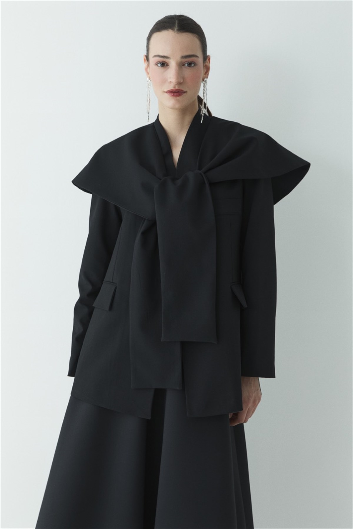 Fularlı Double Blazer Ceket - Siyah