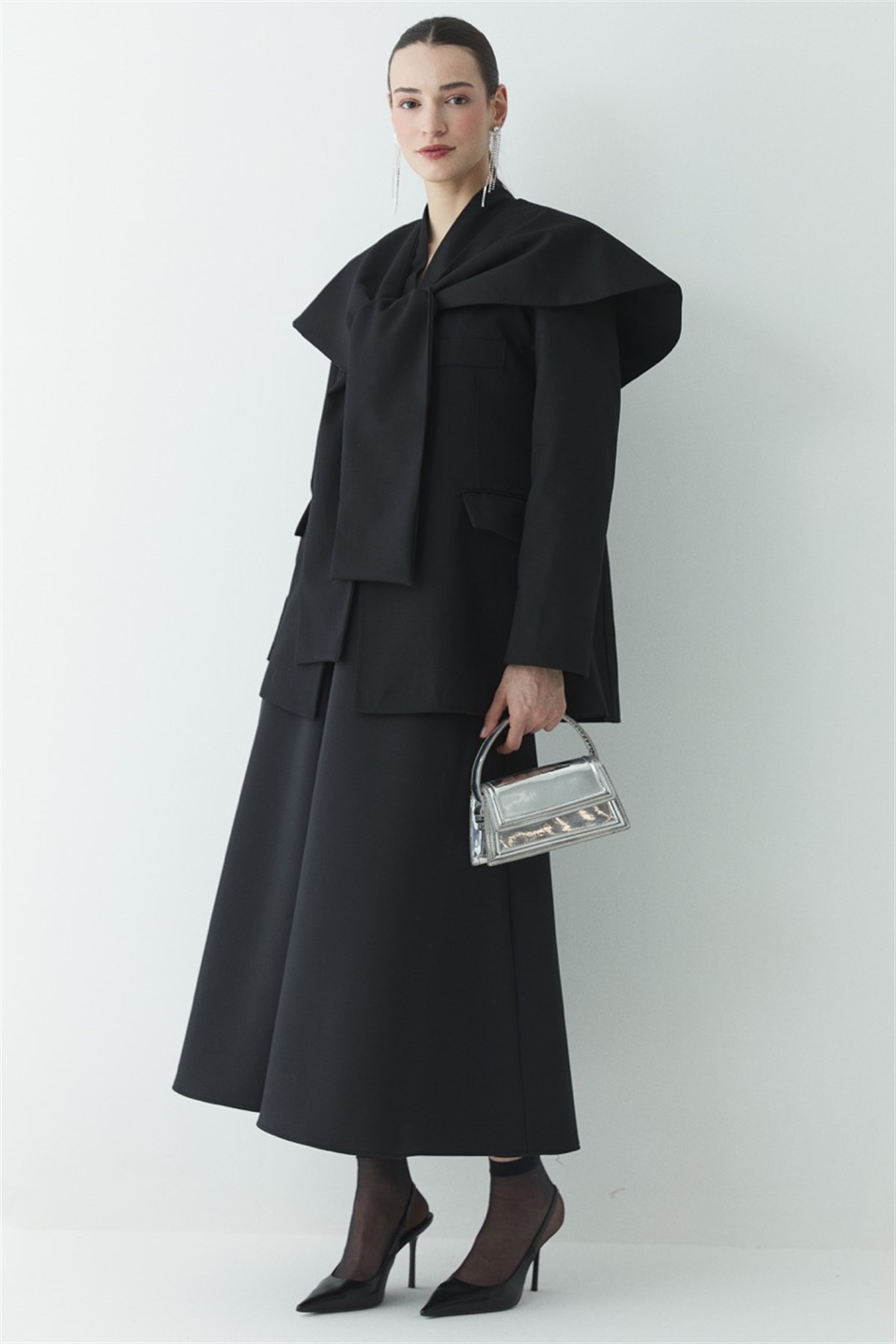 Fularlı Double Blazer Ceket - Siyah