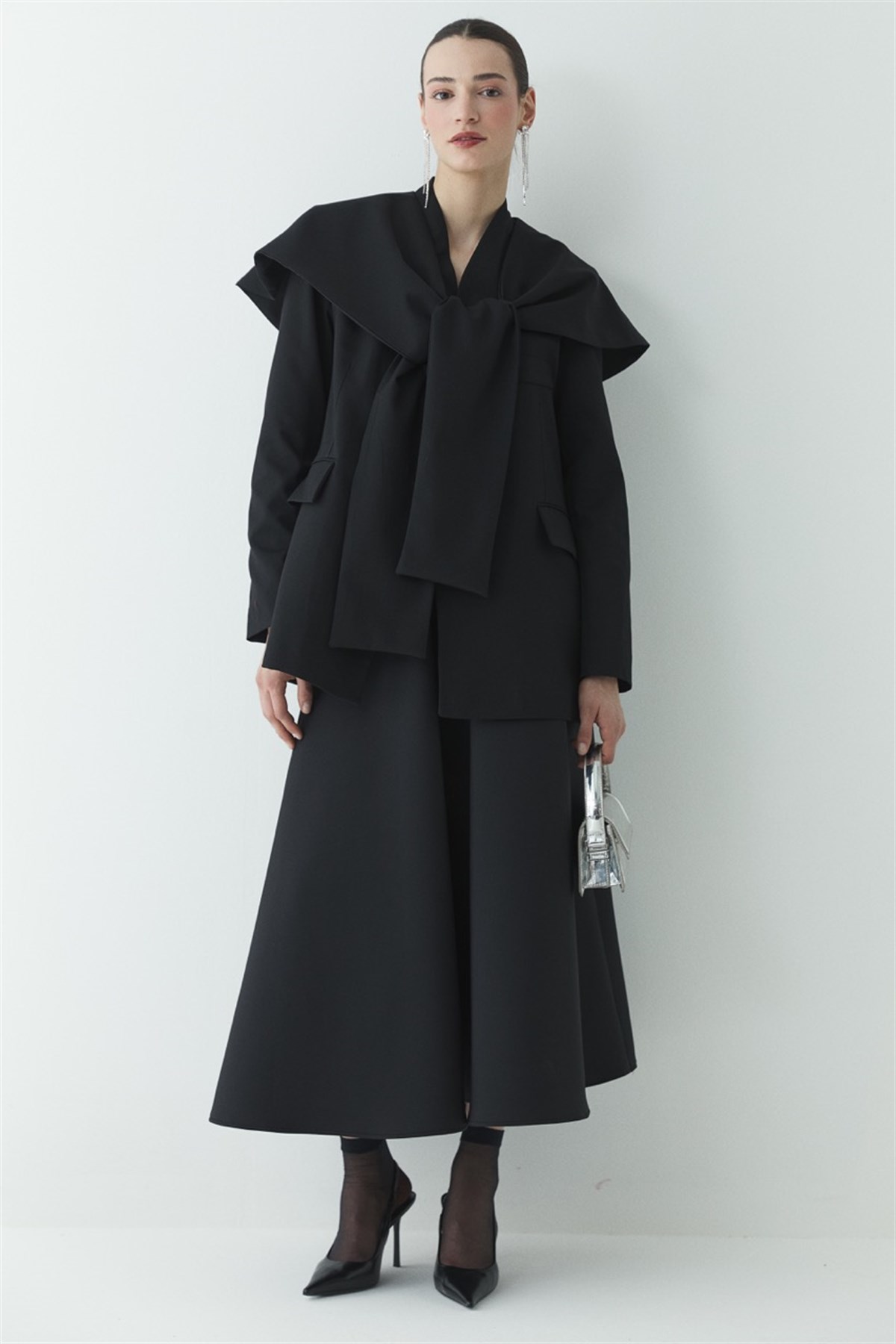 Fularlı Double Blazer Ceket - Siyah