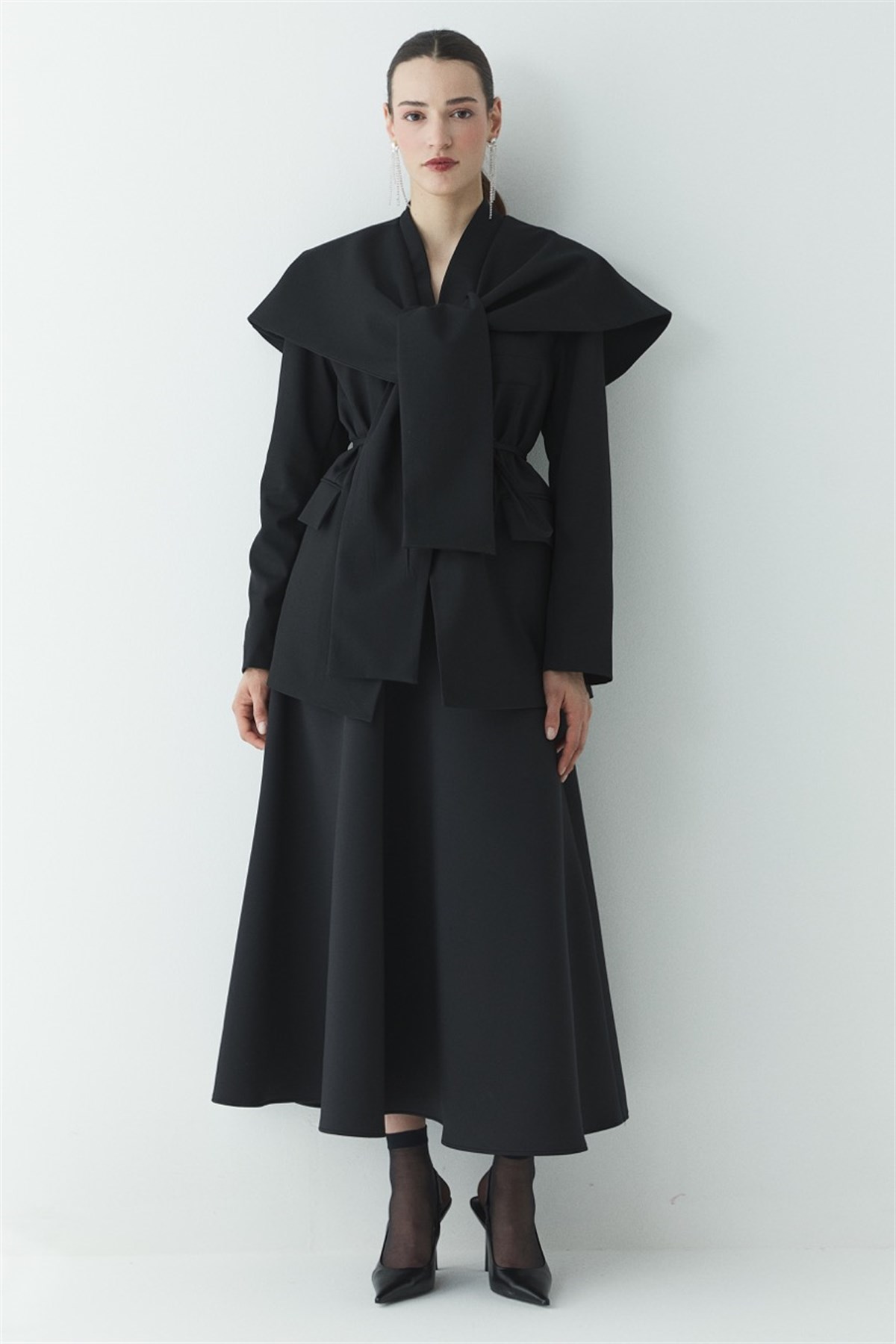 Fularlı Double Blazer Ceket - Siyah