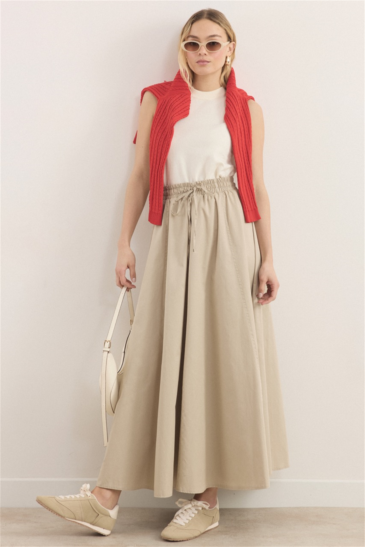 Gabardin Kloş Etek - Bej