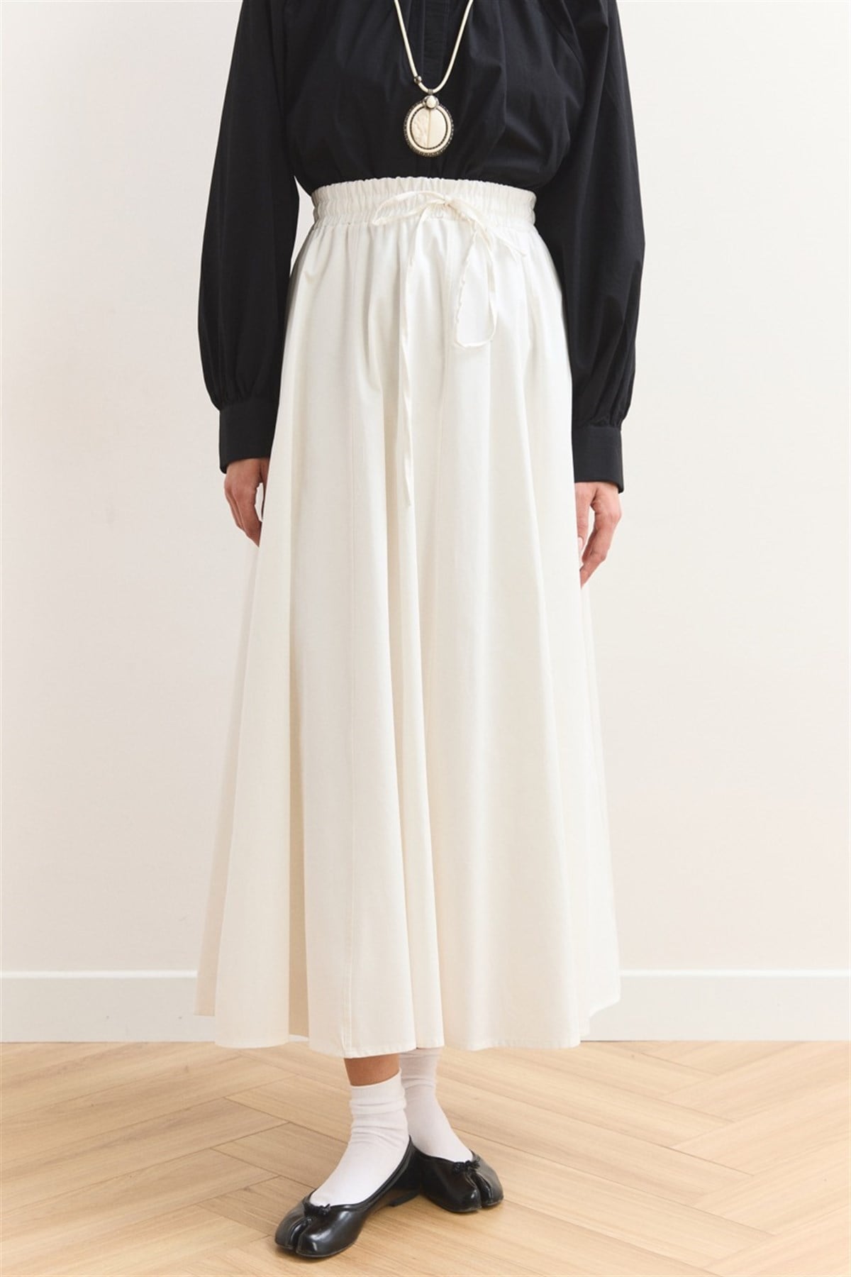 Gabardin Kloş Etek - Ekru