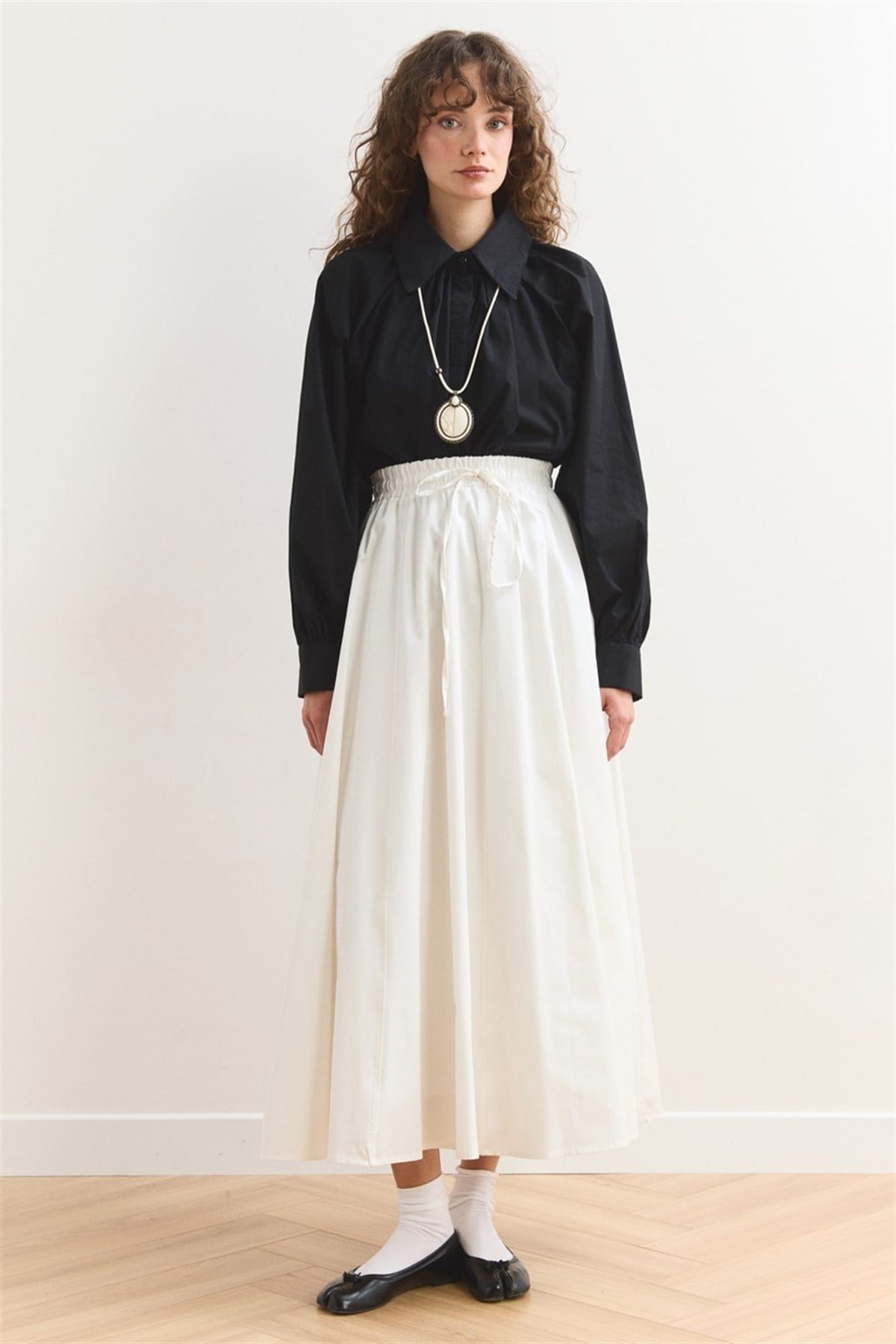 Gabardin Kloş Etek - Ekru