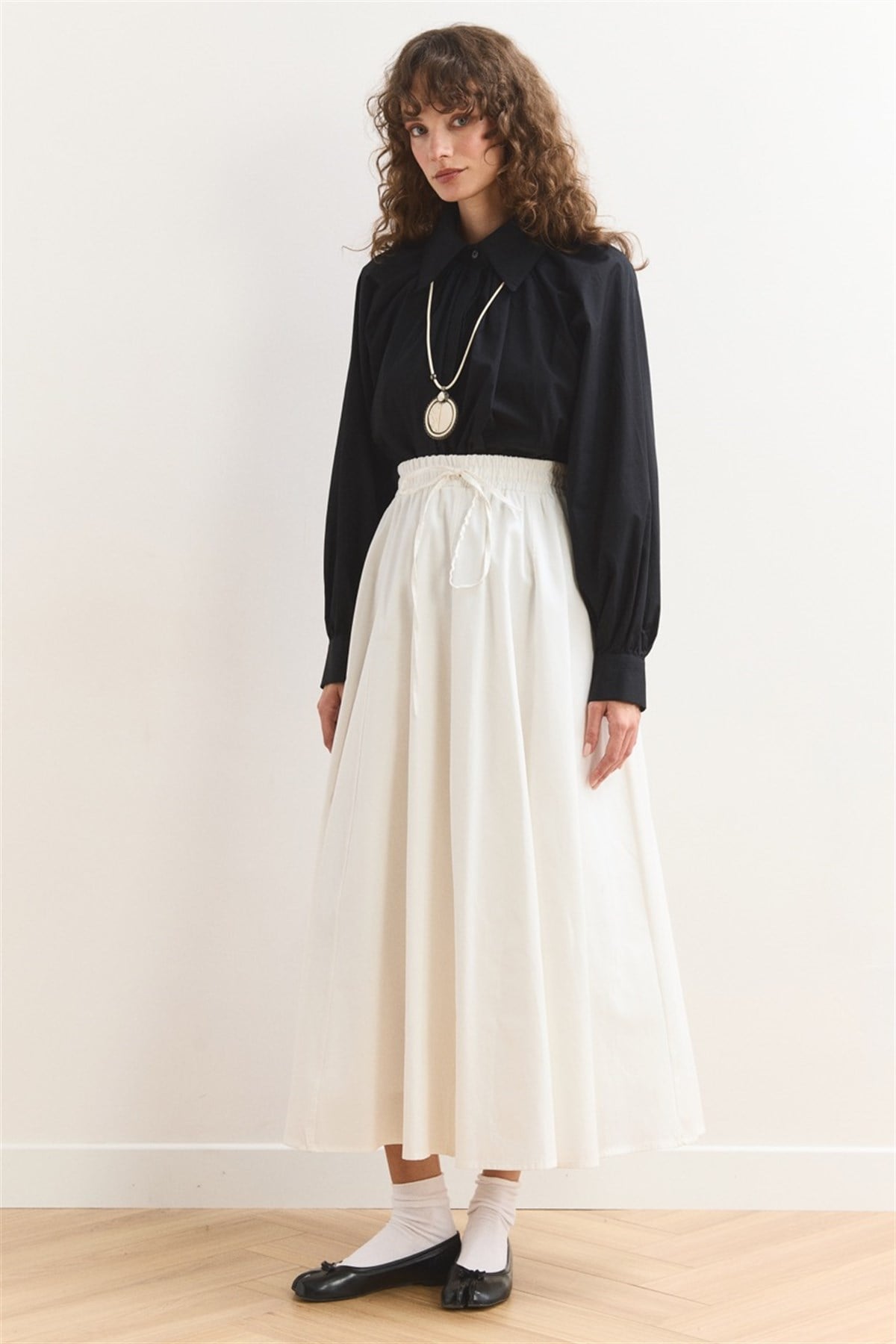 Gabardin Kloş Etek - Ekru