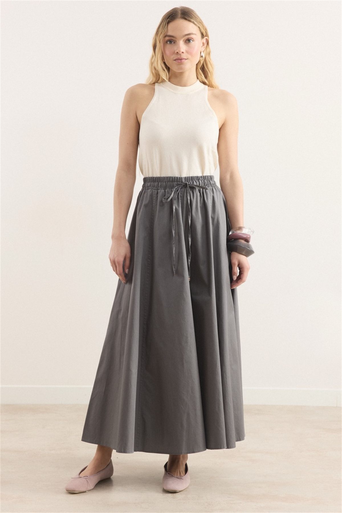 Gabardin Kloş Etek - Gri