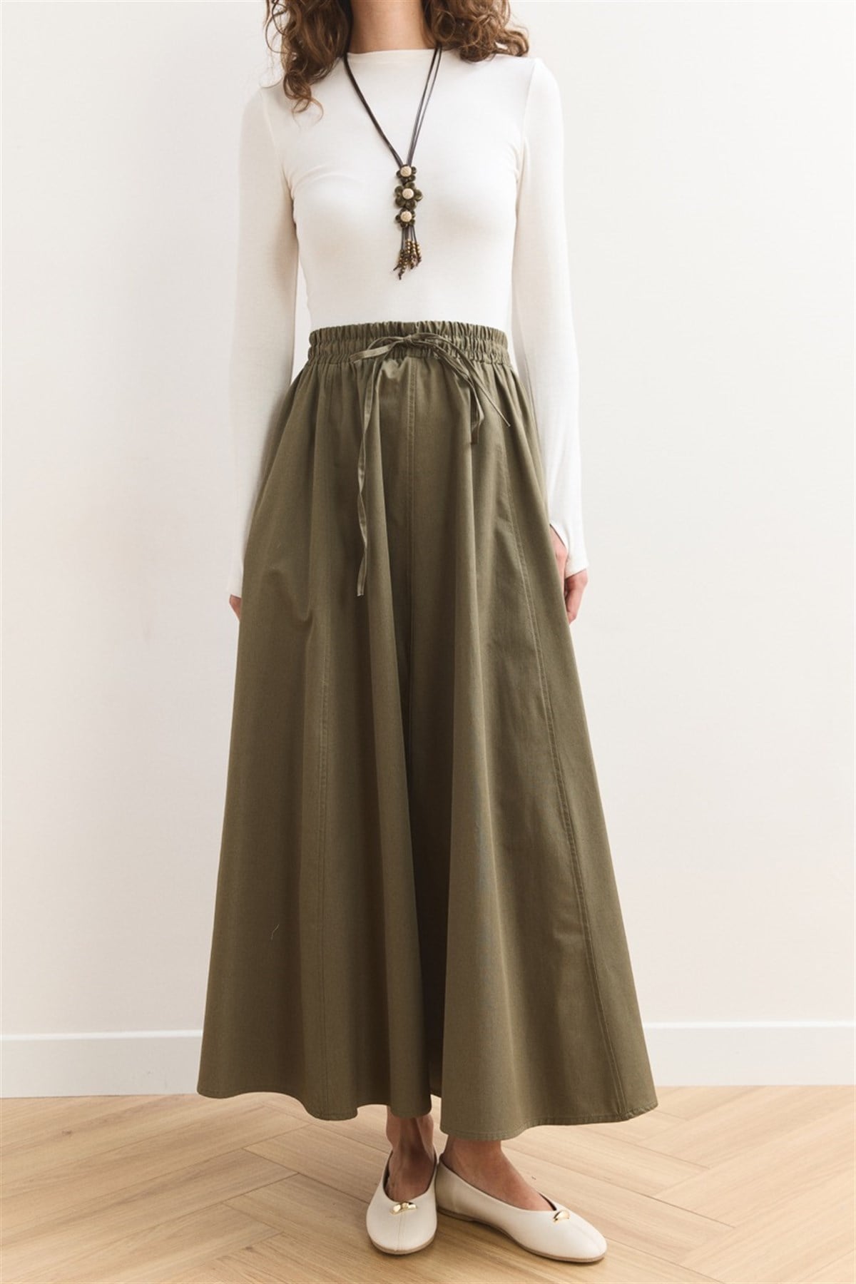 Gabardin Kloş Etek - Haki