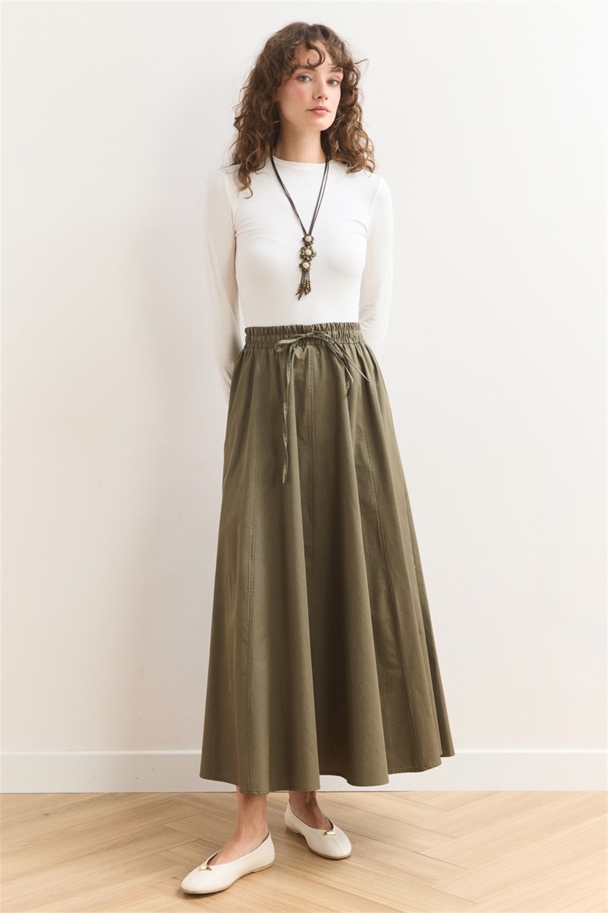 Gabardin Kloş Etek - Haki