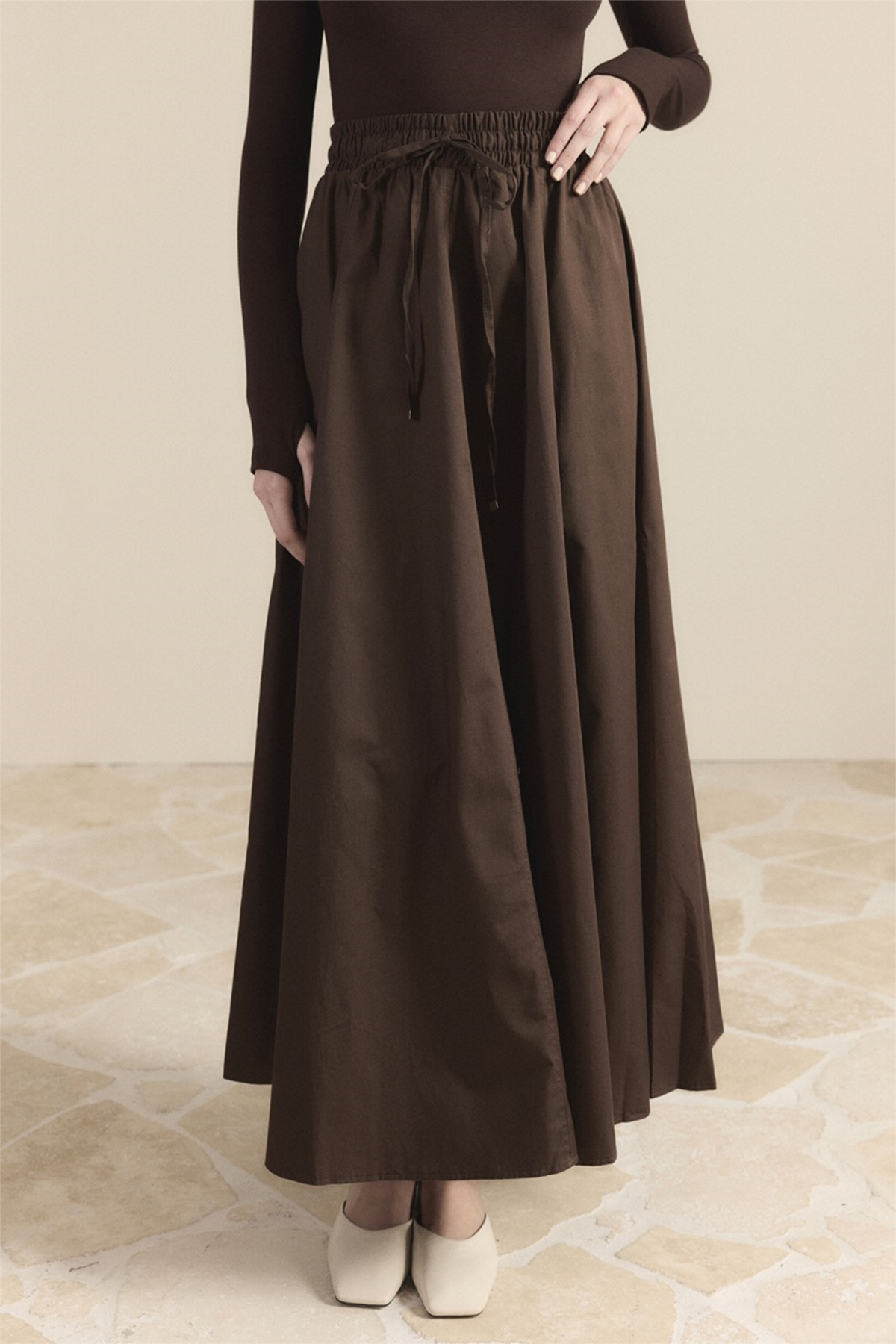 Gabardin Kloş Etek - Kahve