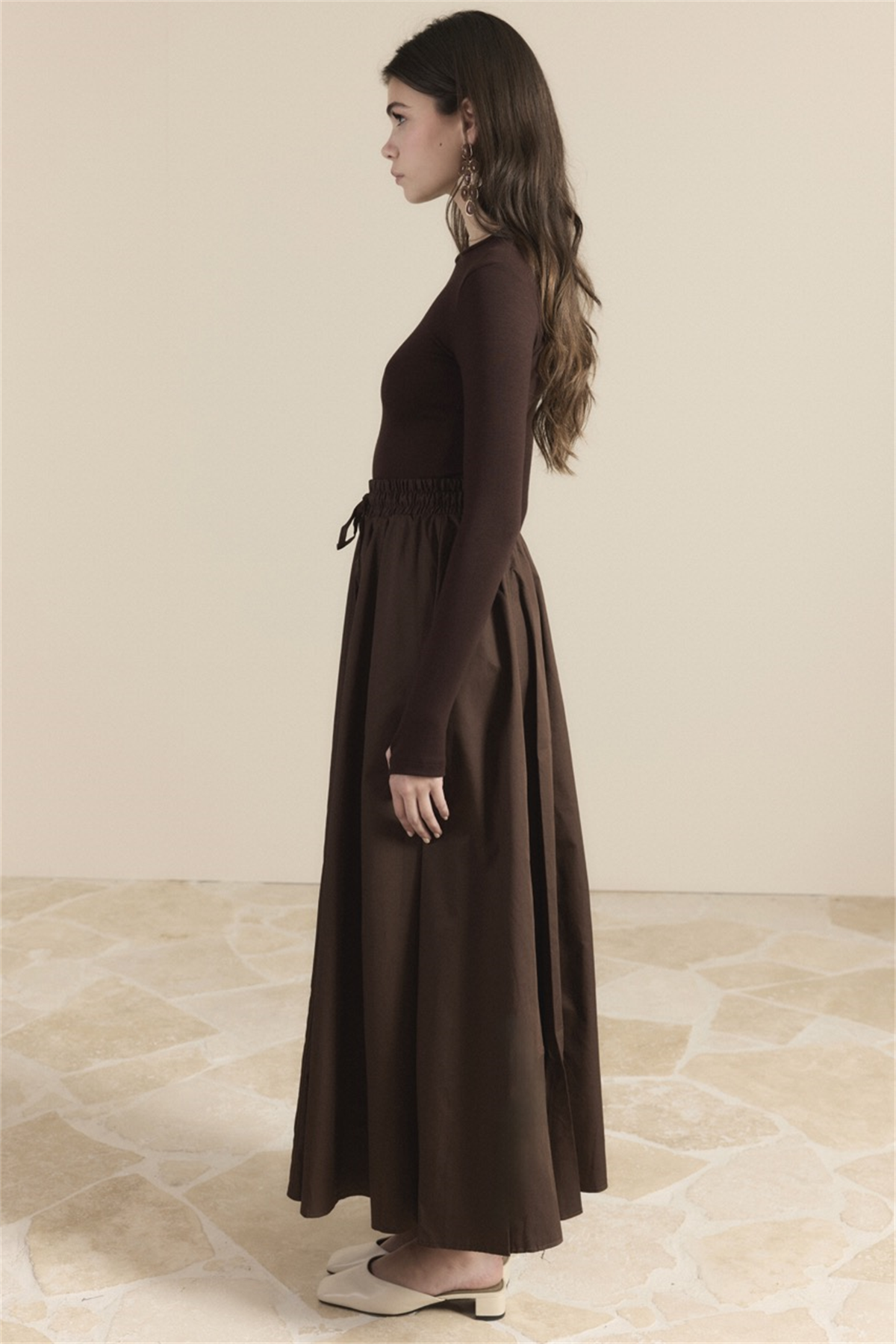 Gabardin Kloş Etek - Kahve