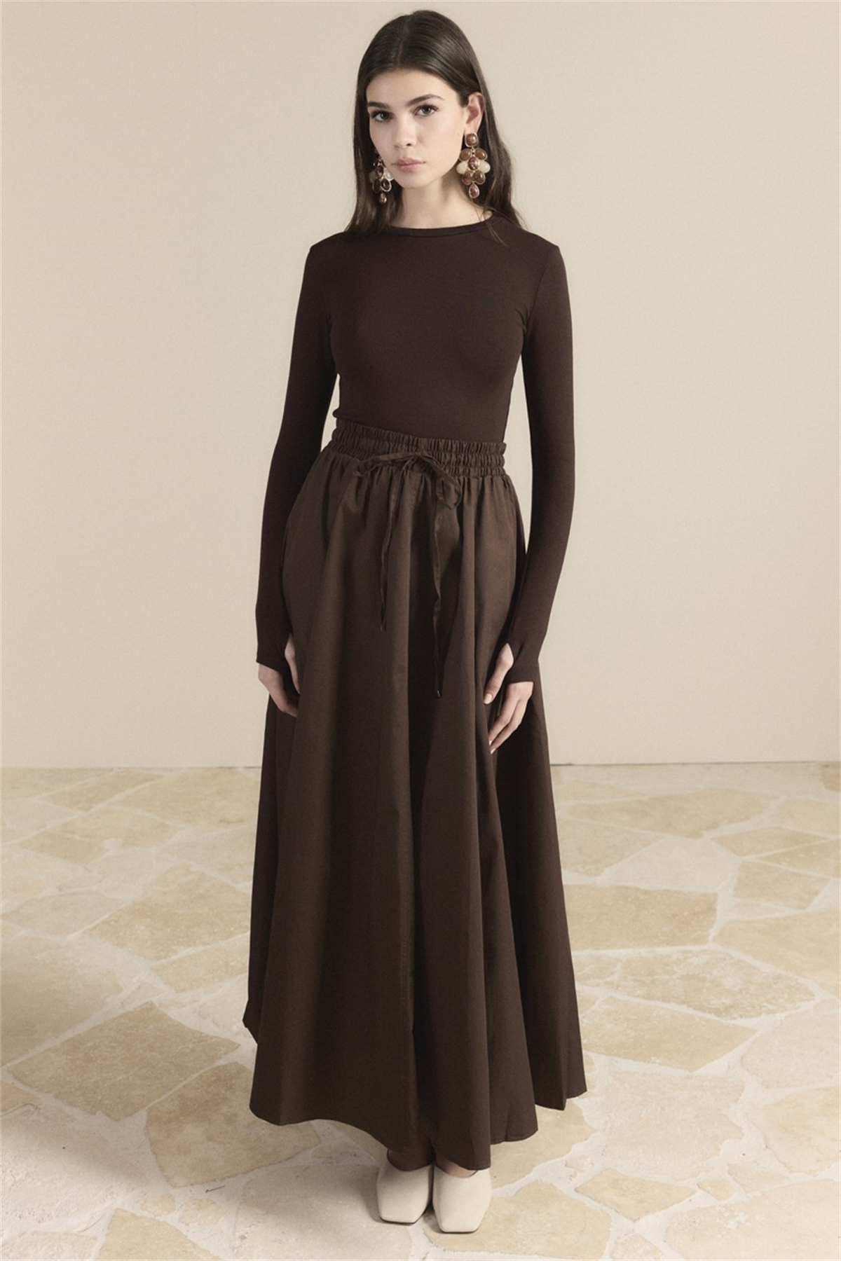 Gabardin Kloş Etek - Kahve